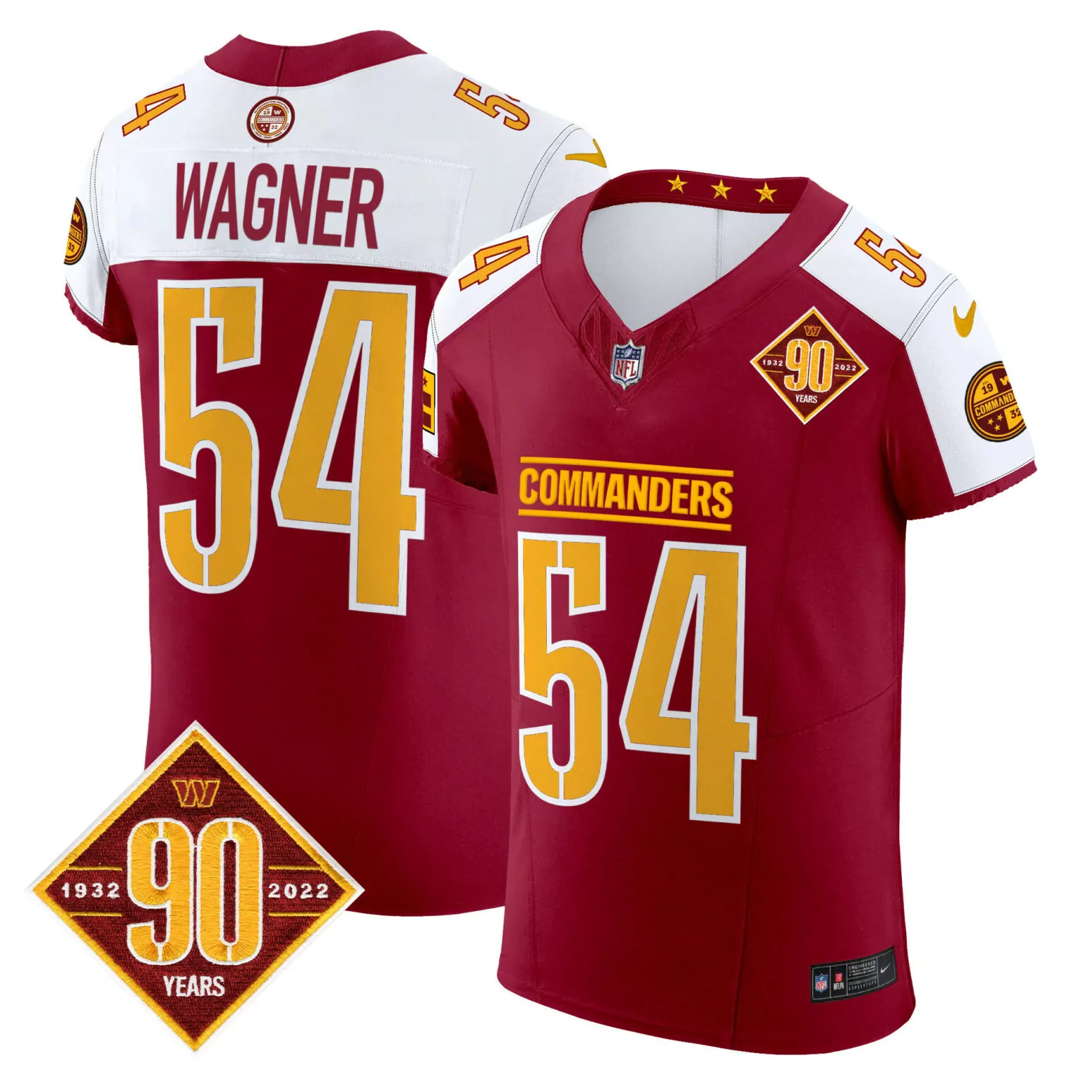 Bobby Wagner 54 Commanders Jersey Maroon 1932-2022 90 Years Men On-field White Gold
