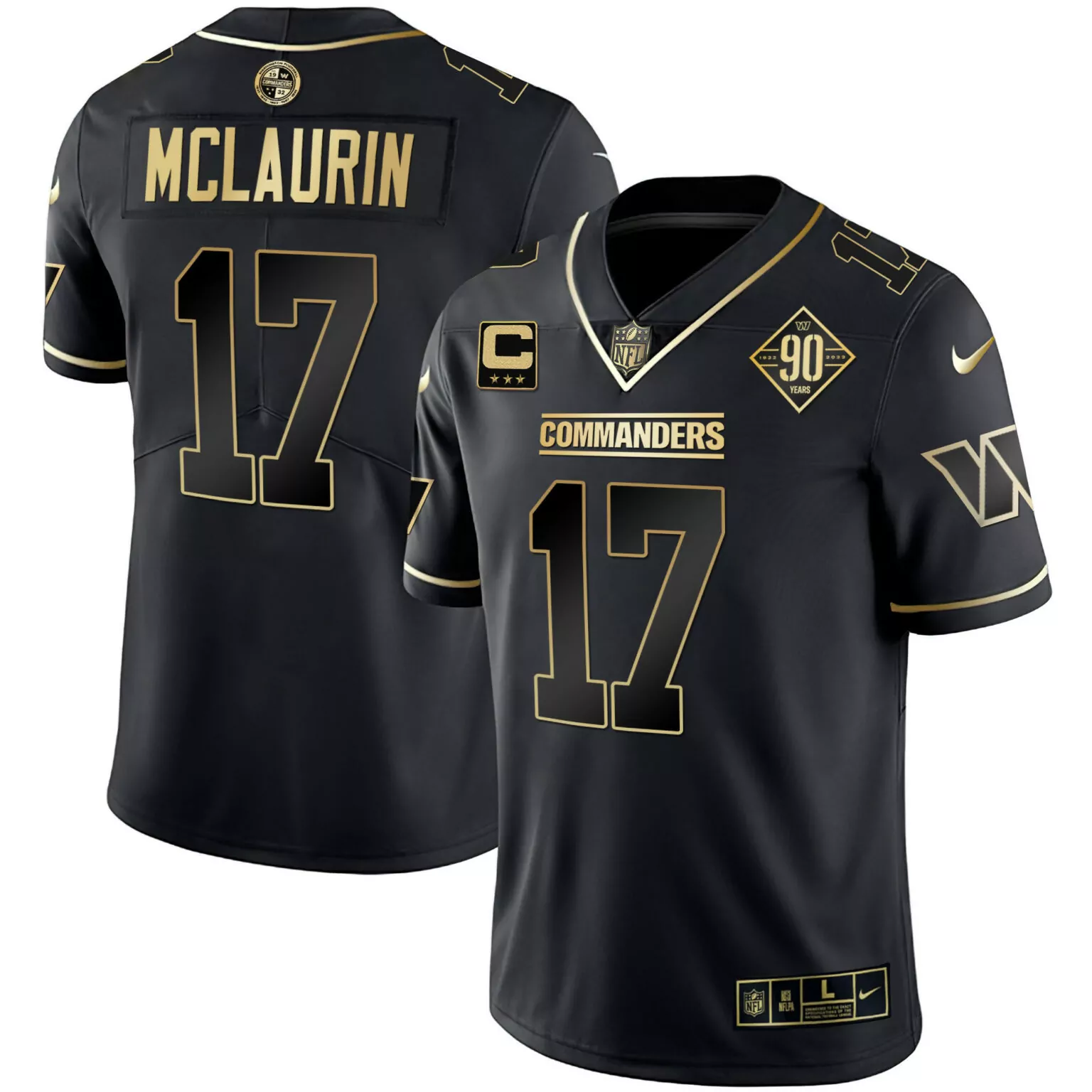 Terry Mclaurin 17 Commanders Jersey Black 90 Years Men Replica Gold All Stitched