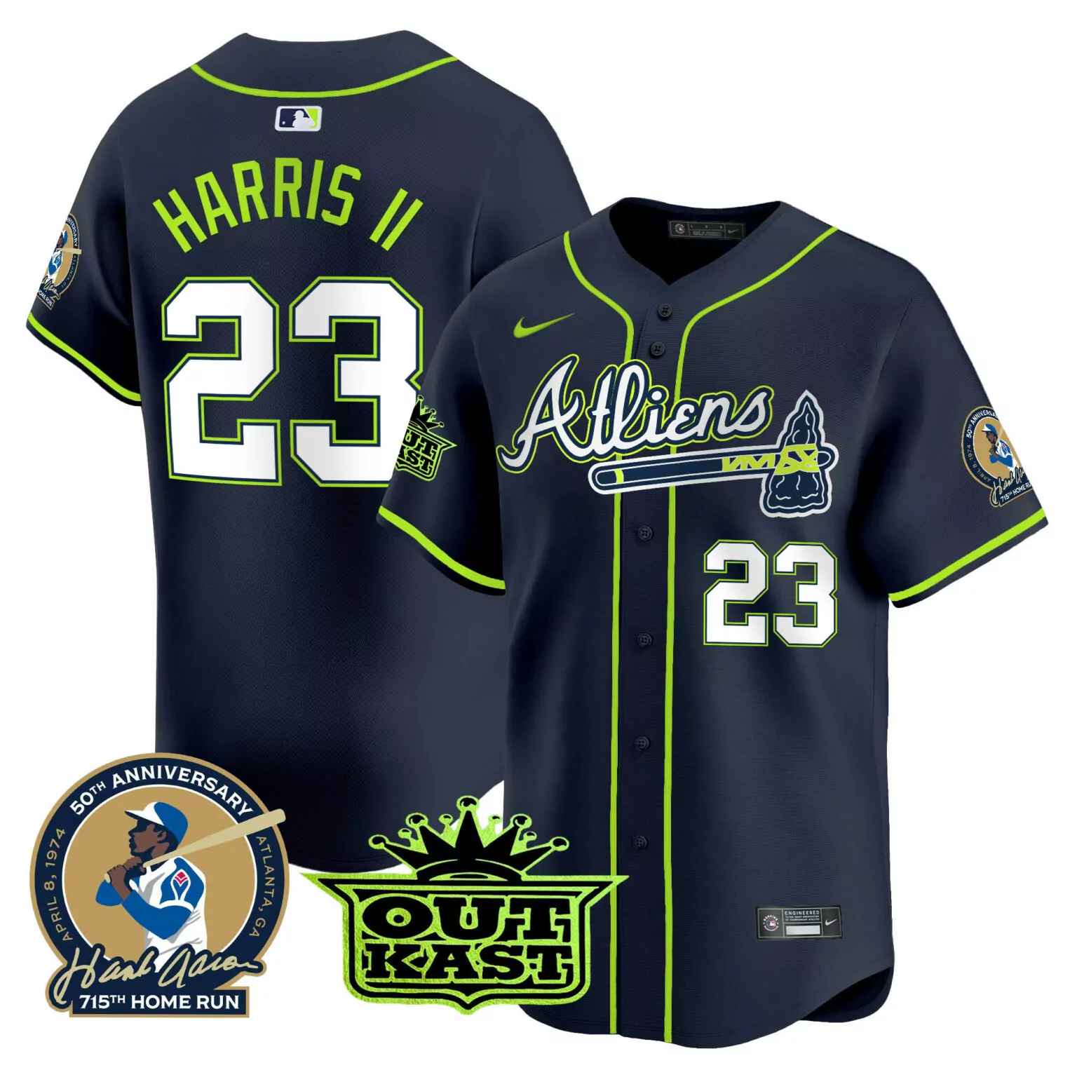 Harris Ii 23 Atlanta Braves Jersey Navy Outkast Men Neon Green White All Stitched