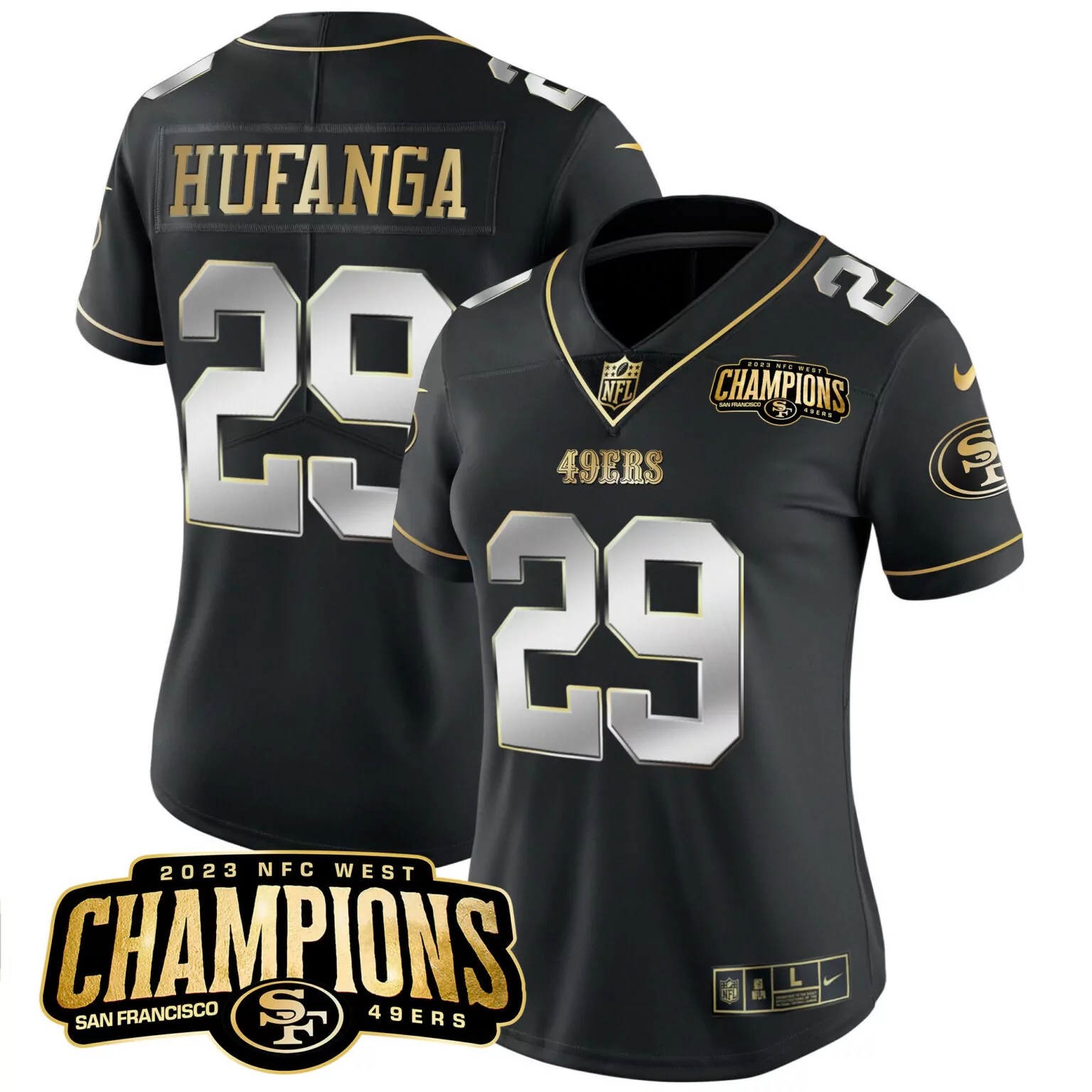 Talanoa Hufanga 29 49ERS Jersey Black 2023 NFC West Champions Men Official Gold Silver