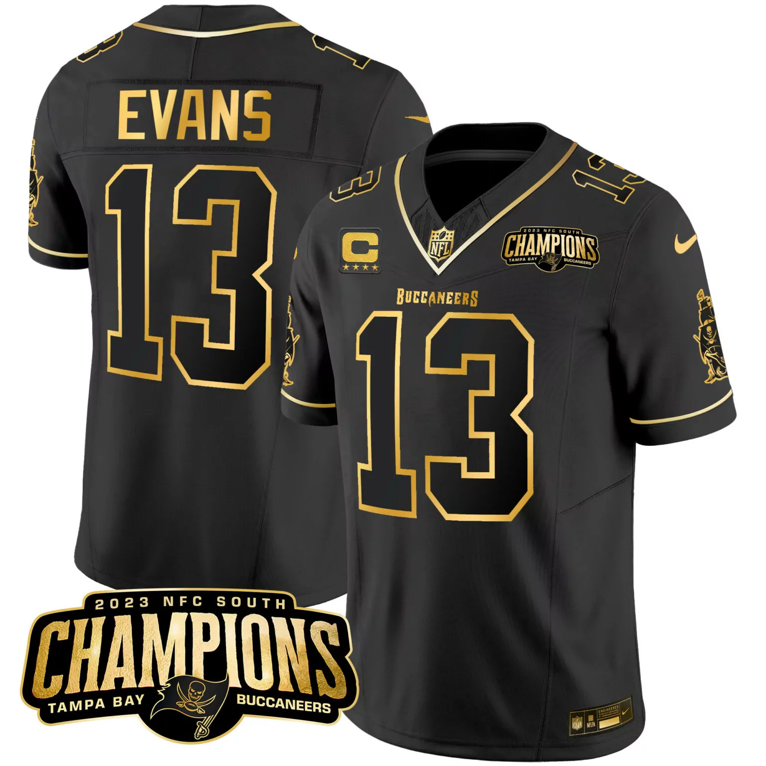 Mike Evans 13 Buccaneers Jersey Black 2023 NFC South Champions Men Gold All Stitched