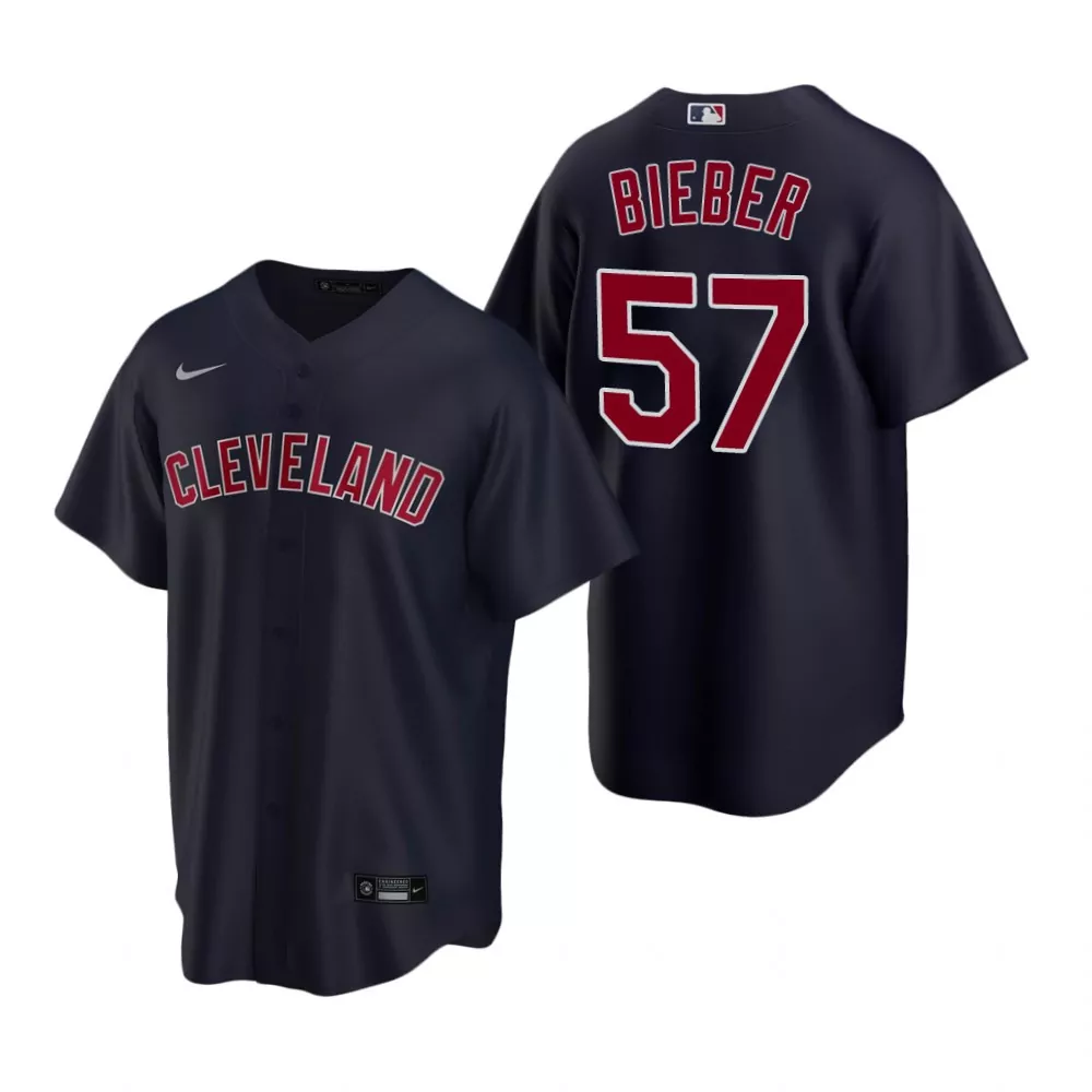 Shane Bieber 57 Jersey Navy Cleveland Guardians Men Red Alternate