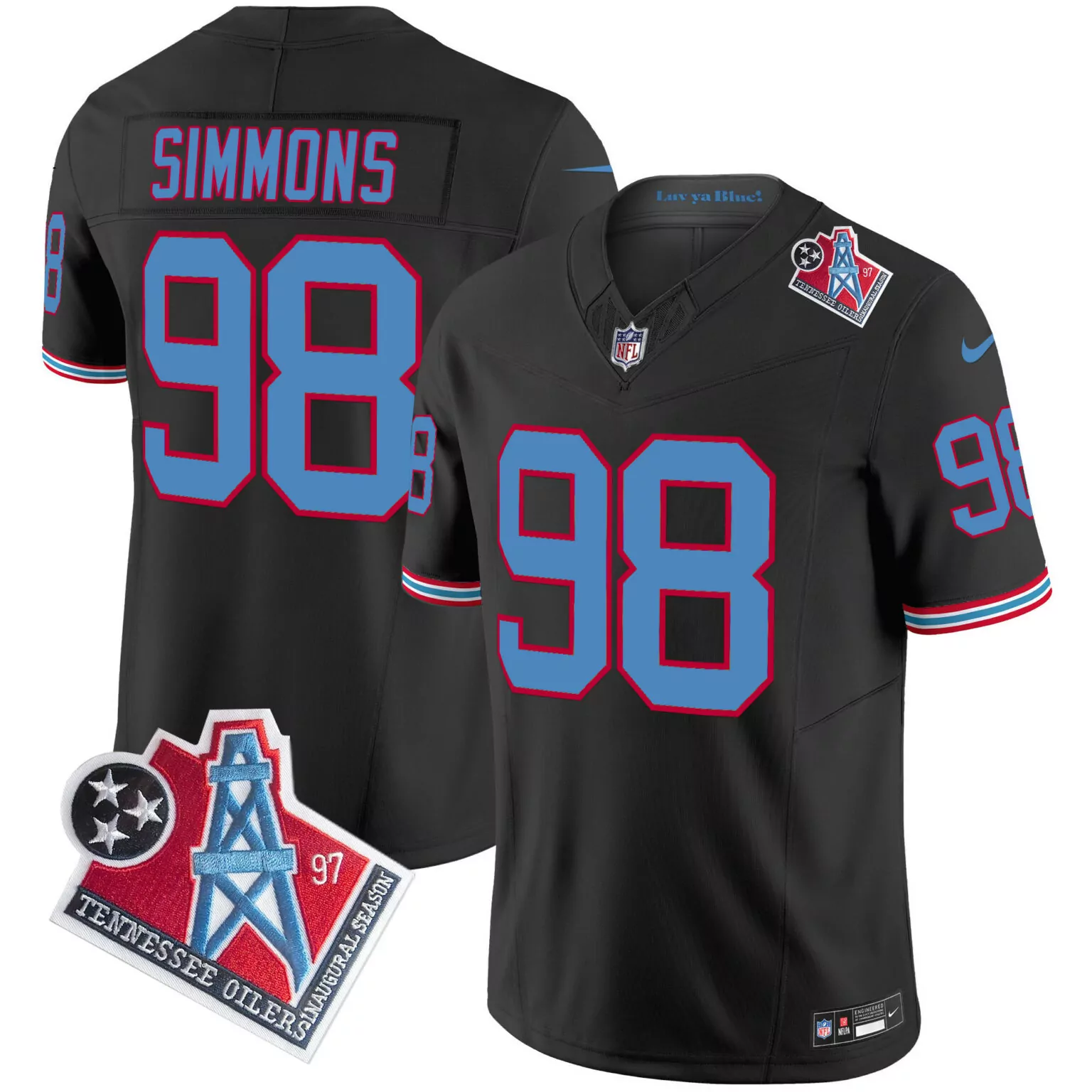Jeffery Simmons 98 Jersey Black Luv Ya Blue Tennessee Titans Oilers Inaugural Season