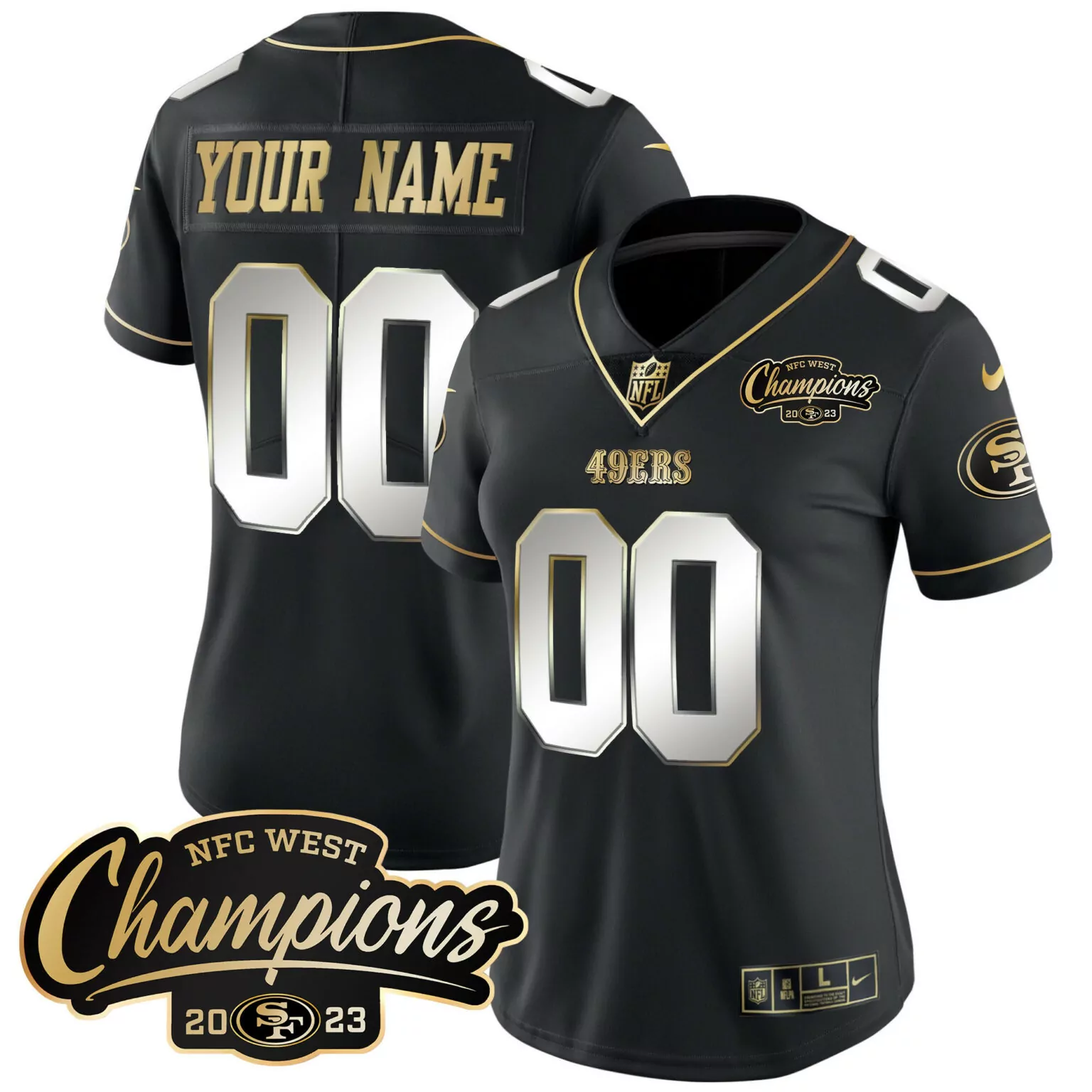 Custom 49ERS Jersey Black NFC West Champions 2023 Men Gold White Vapor All Stitched