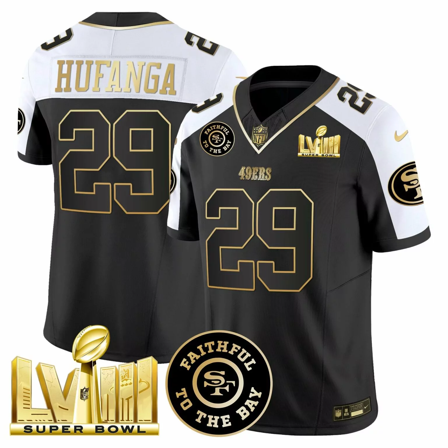 Talanoa Hufanga 29 49ERS Jersey Black Super Bowl Lviii Men Alternate White Gold v2