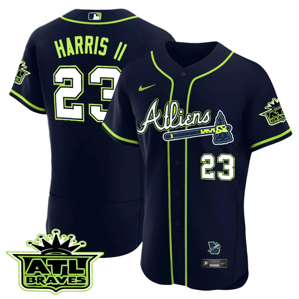 Harris Ii 23 Atlanta Braves Jersey Navy Georgia Outline Men Neon Green White Flex