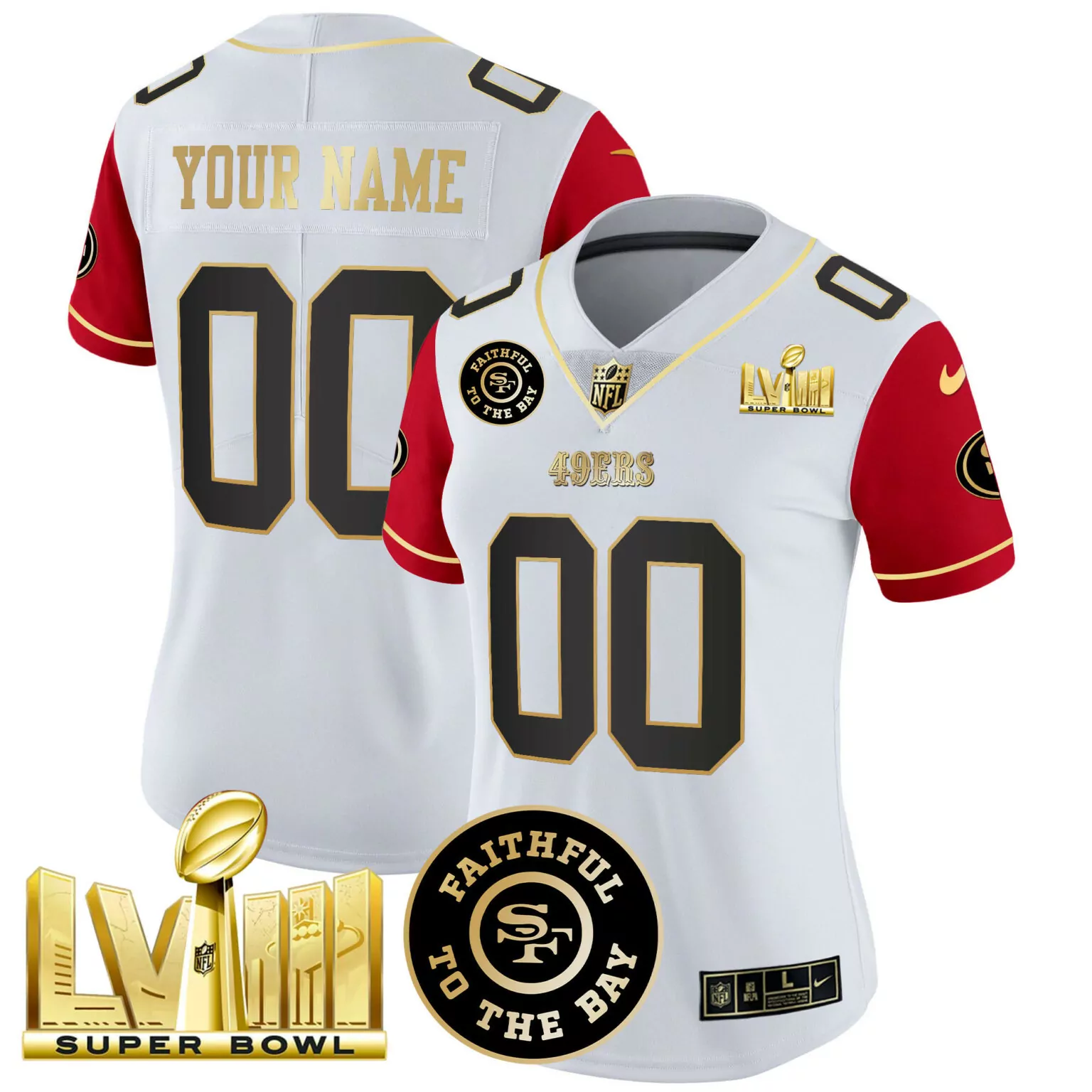 Custom 49ERS Jersey White Super Bowl Lviii Women Alternate Red Gold Black Vapor v2