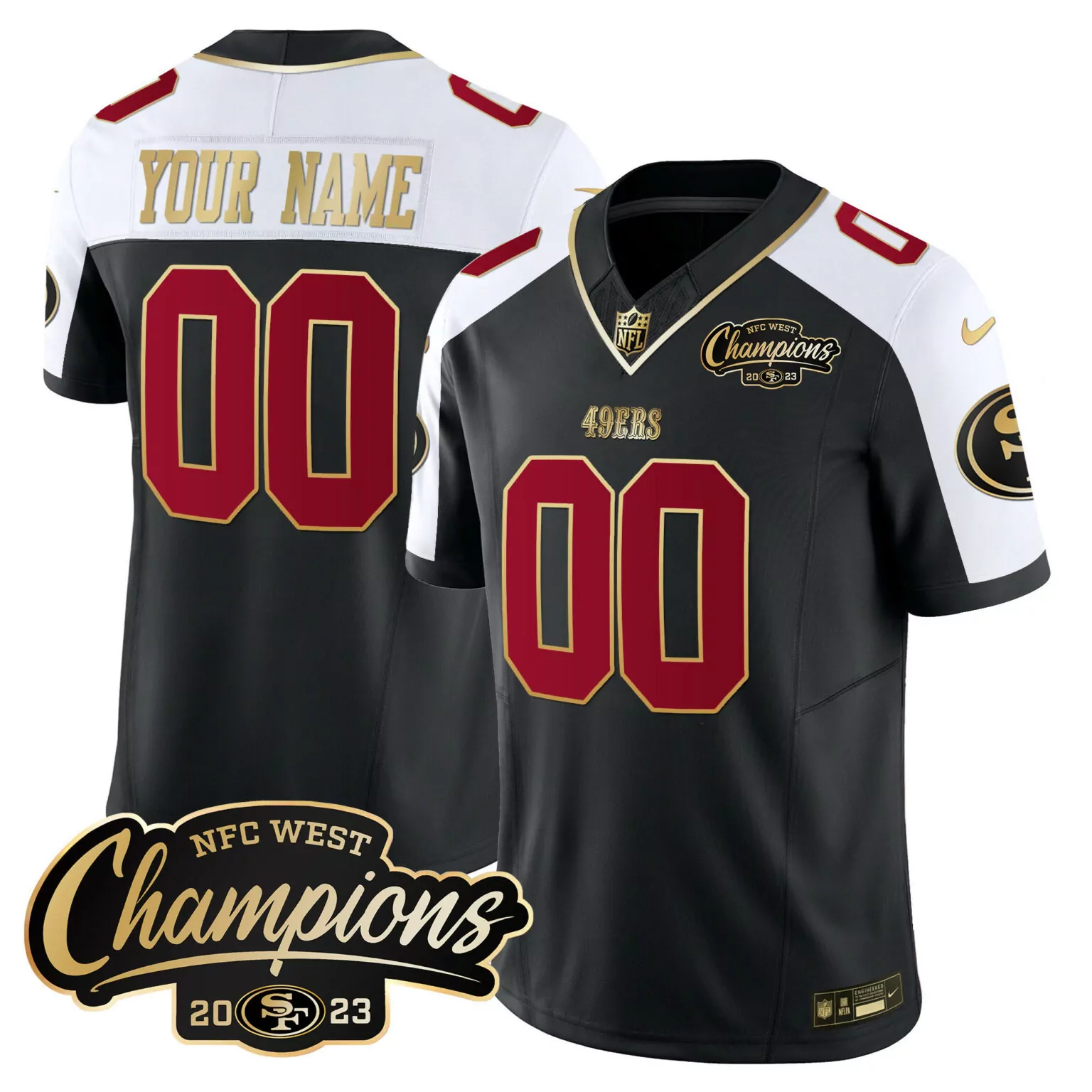 Custom 49ERS Jersey Black NFC West Champions 2023 White Gold Cardinal Alternate Vapor