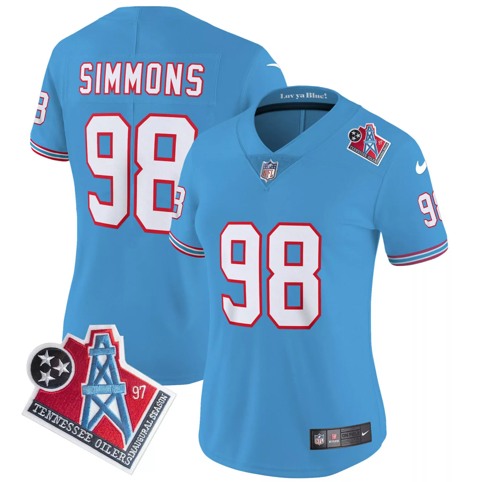 Jeffery Simmons 98 Jersey Light Blue Inaugural Season Tennessee Oilers Men Replica