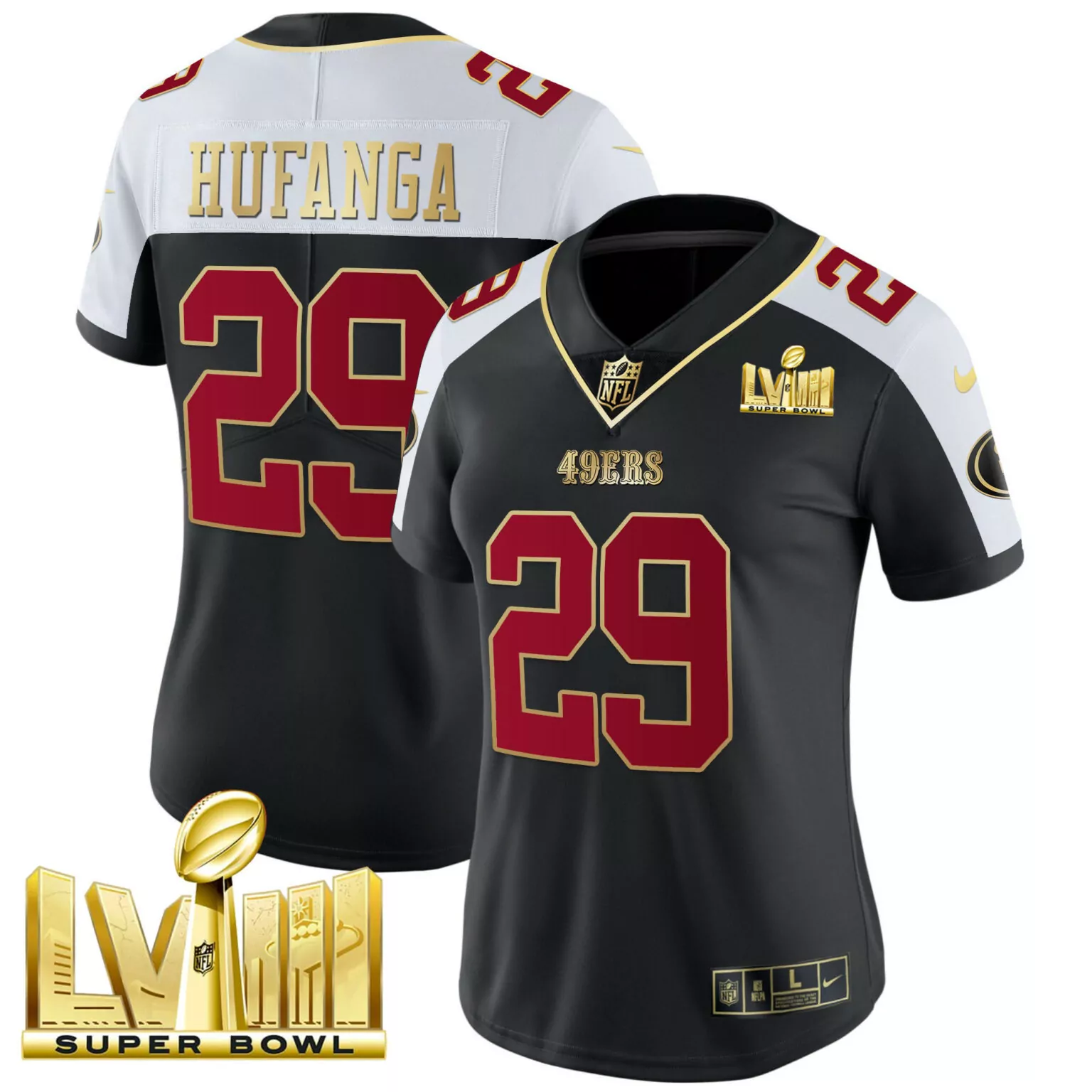 Talanoa Hufanga 29 49ERS Jersey Black Super Bowl Lviii Men Alternate Split Design