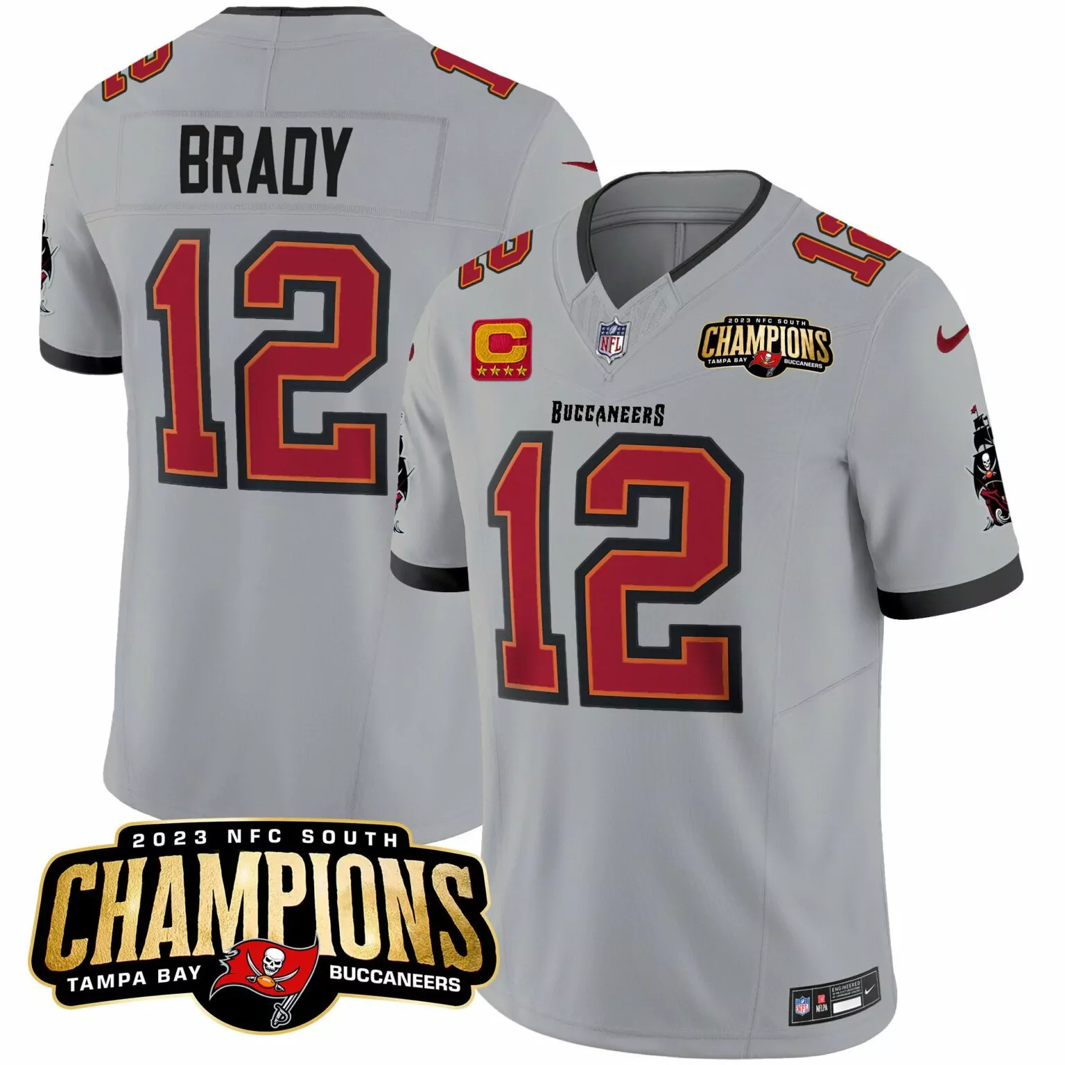 Tom Brady 12 Buccaneers Jersey Grey 2023 NFC South Champions Men Standard Alternate