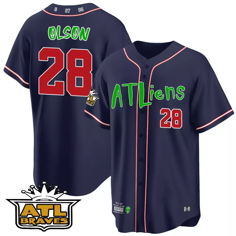 Olson 28 Braves Jersey Navy Aliens Men Red Green White Cool Base All Stitched