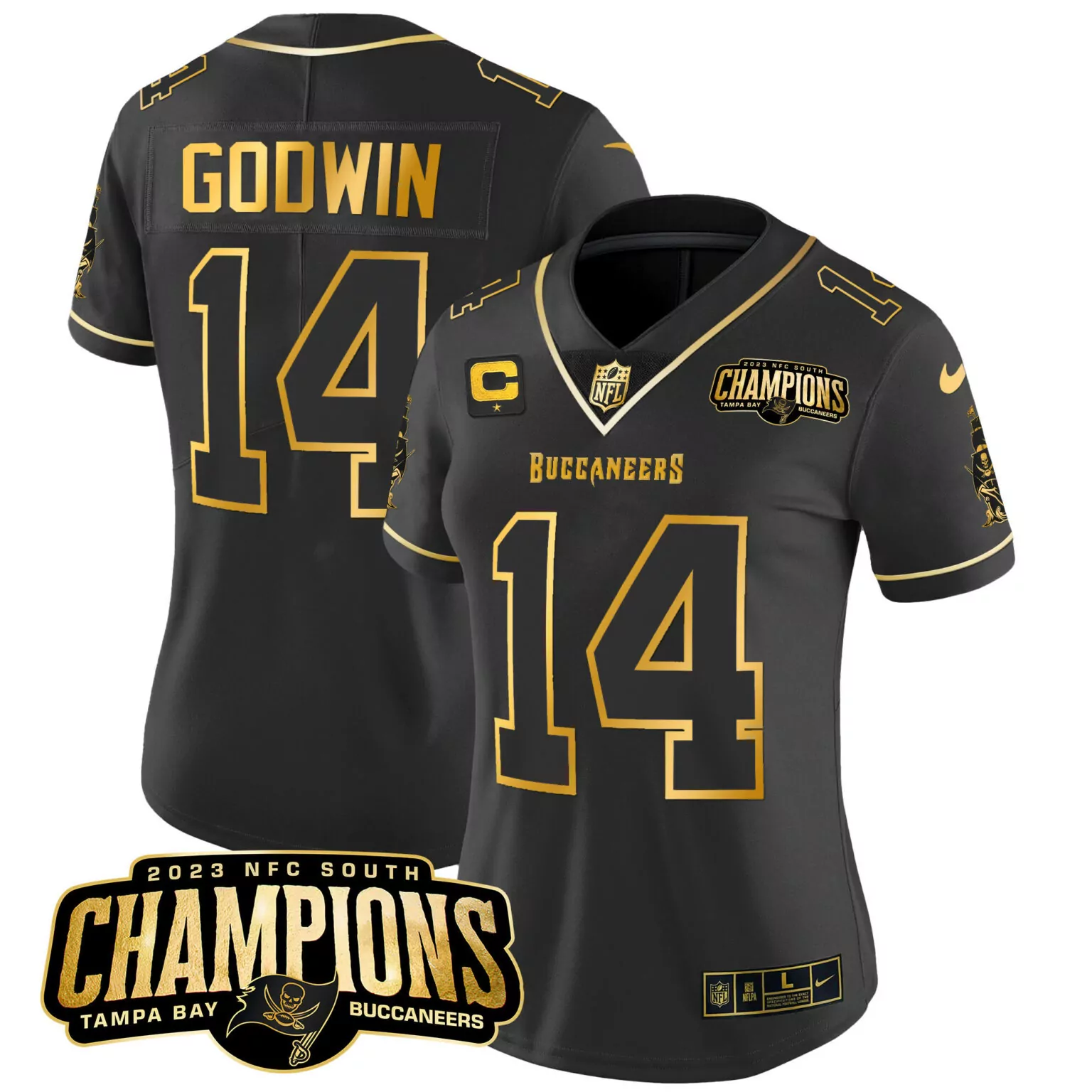 Chris Godwin 14 Buccaneers Jersey Black 2023 NFC South Champions Women Replica Gold