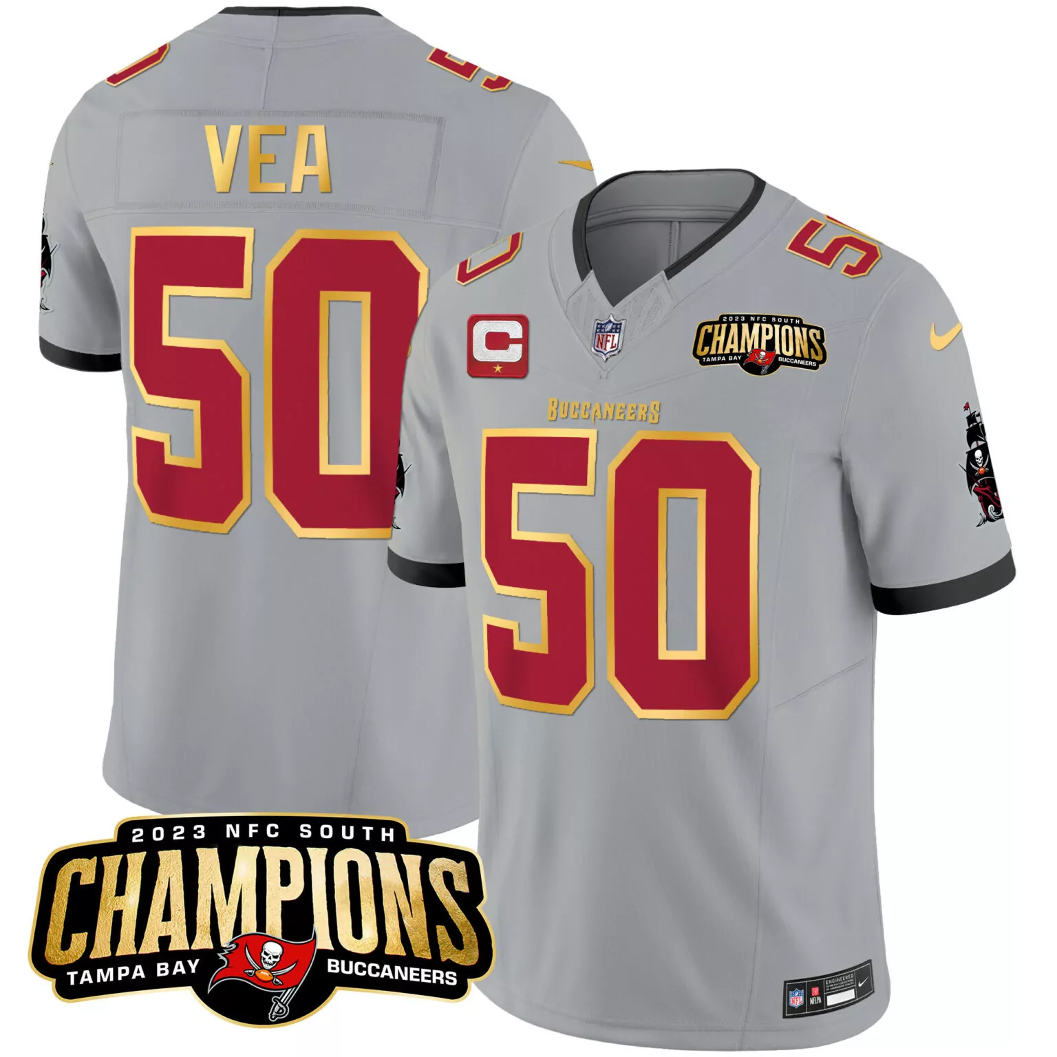 Vita Vea 50 Tampa Bay Buccaneers Jersey Grey 2023 NFC South Champions Men Game Alternate