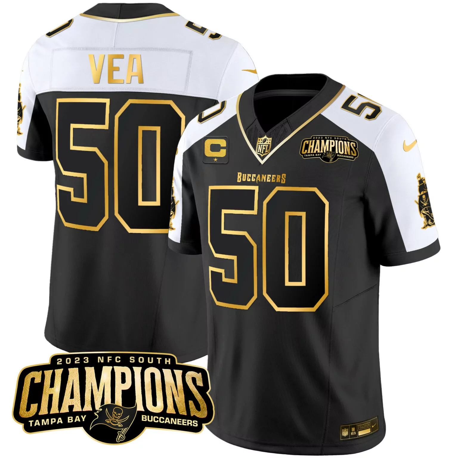 Vita Vea 50 Buccaneers Jersey Black 2023 NFC South Champions Men White Gold Alternate