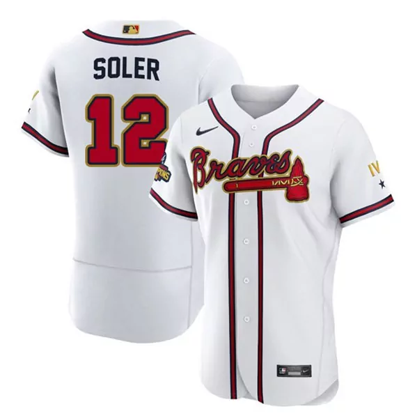 Jorge Soler 12 Braves Jersey White Champions Men Red Navy Gold Flex Base Stitched