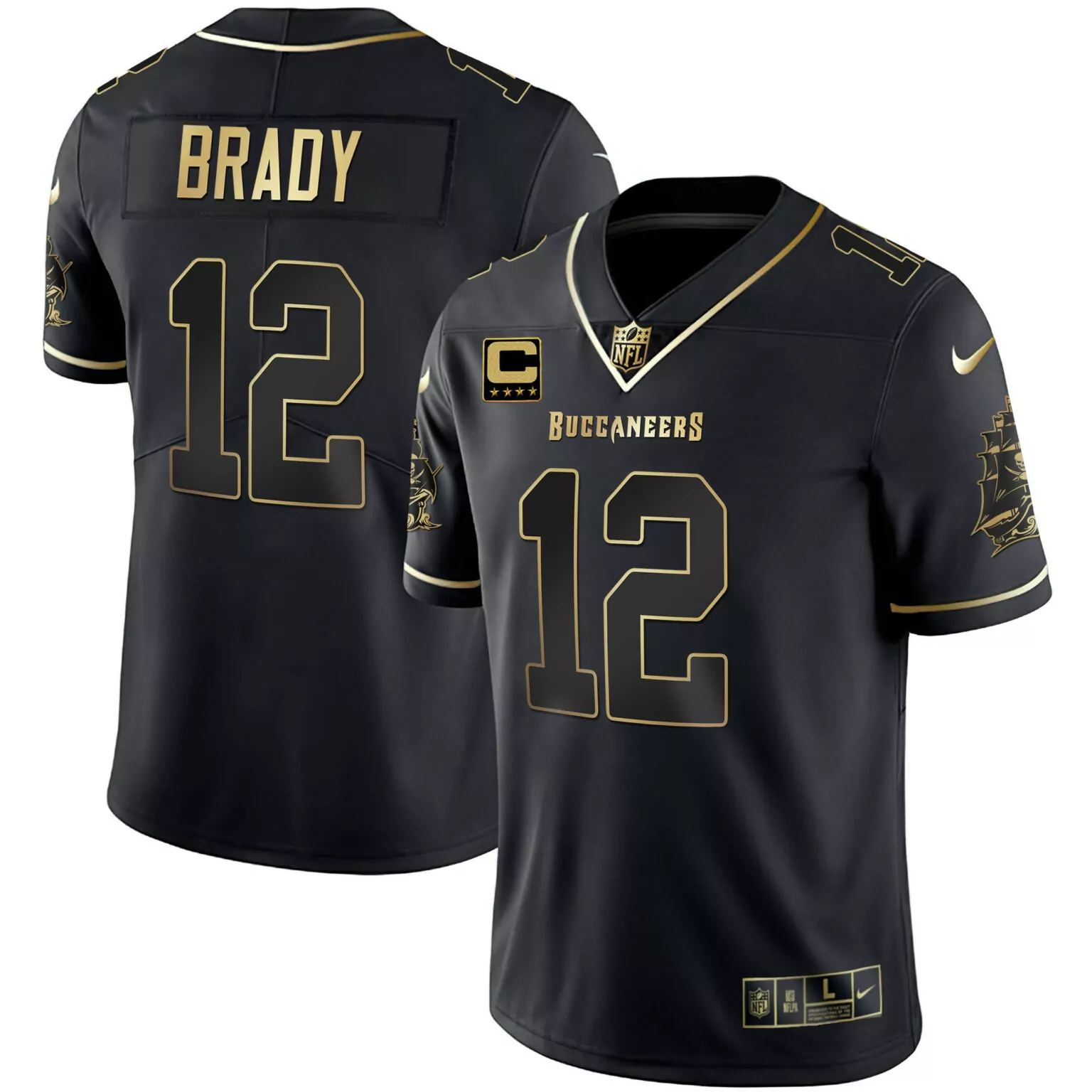 Tom Brady 12 Buccaneers Jersey Black Men T-shirt Gold All Stitched