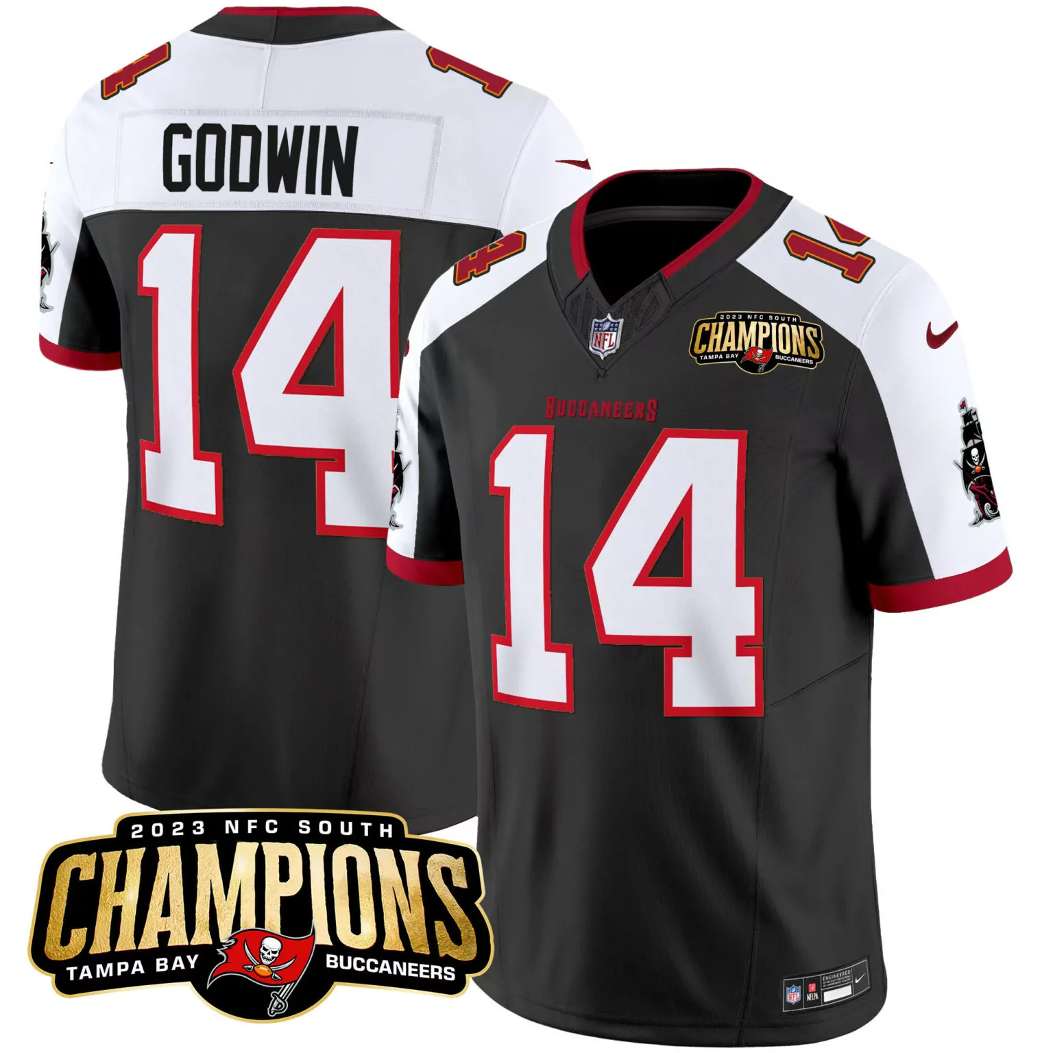 Chris Godwin 14 Buccaneers Jersey Black NFC South Champions 2023 Men White Red Alternate