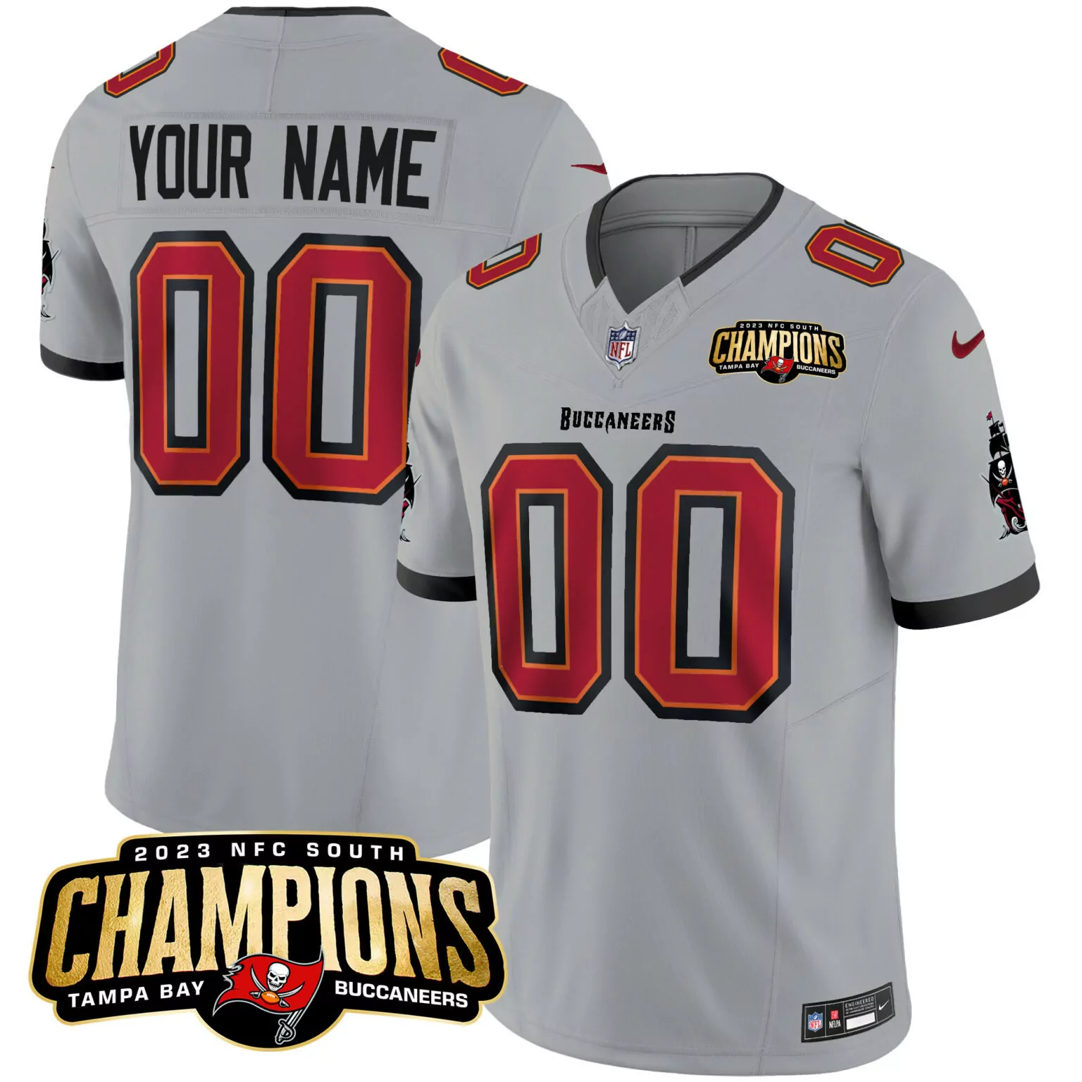 Custom Tampa Bay Buccaneers Jersey Gray 2023 NFC South Champions Men Game Red Black