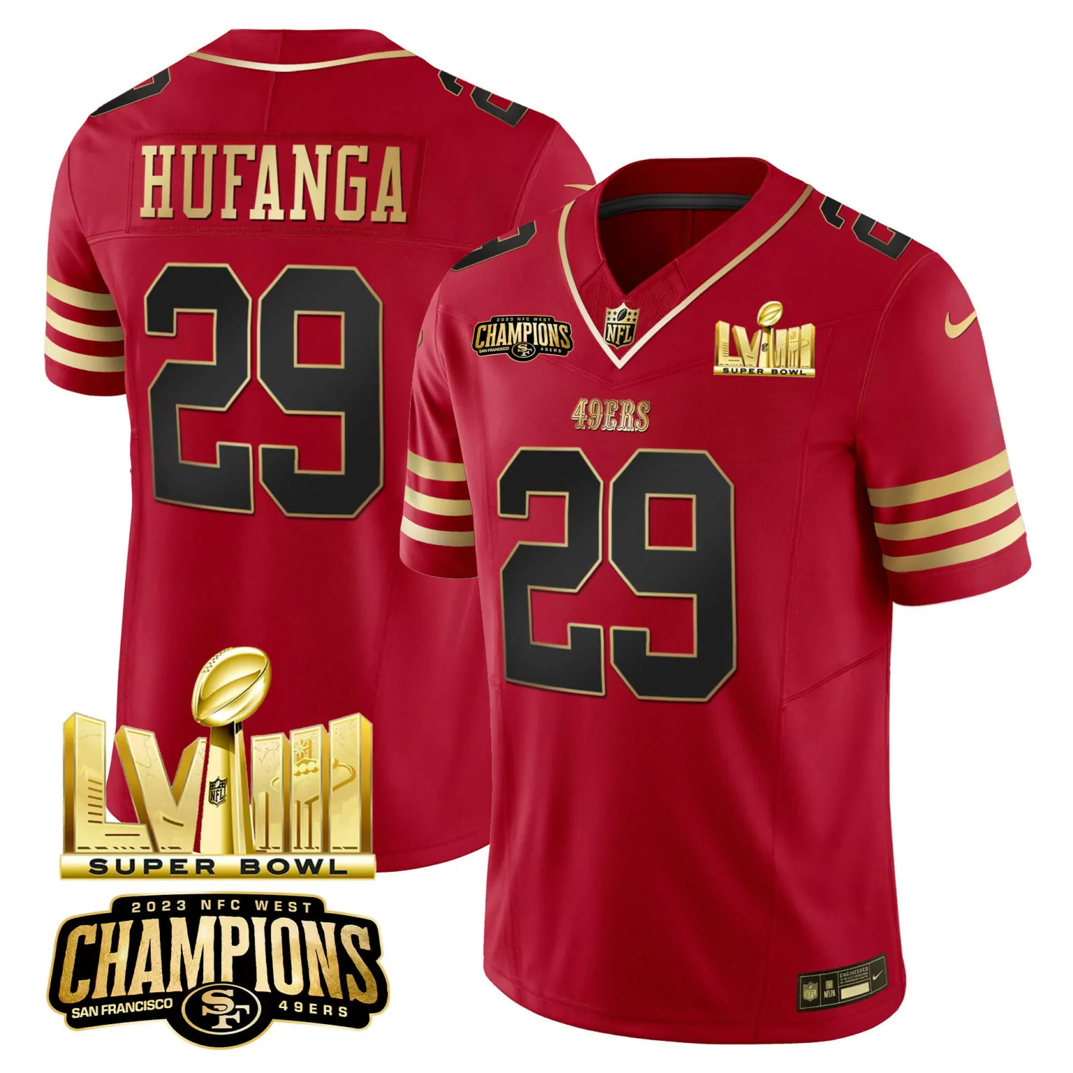 Hufnaga 29 49ERS Jersey Red Super Bowl Lvii 2023 NFC West Champions Men Gold Black