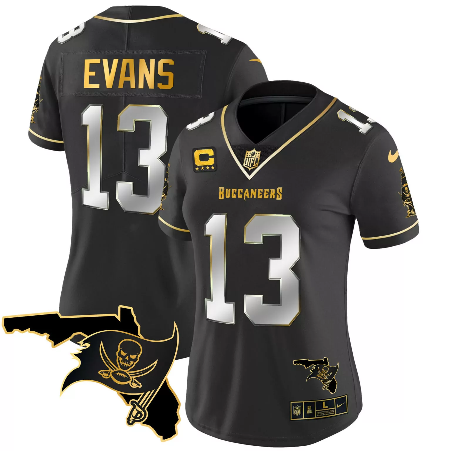 Mike Evans 13 Buccaneers Jersey Black Florida Outline With Logo Nflpa Men Gold Silver