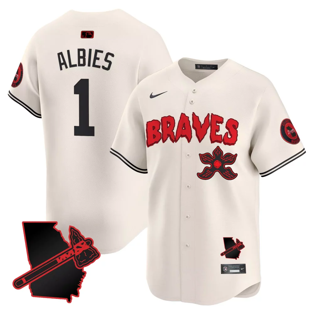 Albies 1 Braves Jersey Cream Stranger Things Georgia Outline Axe Men Black Red Vapor