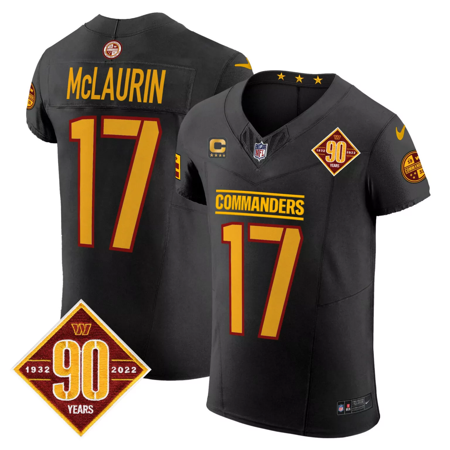 Terry Mclaurin 17 Commanders Jersey Black 90th Anniversary Men Standard Gold Maroon