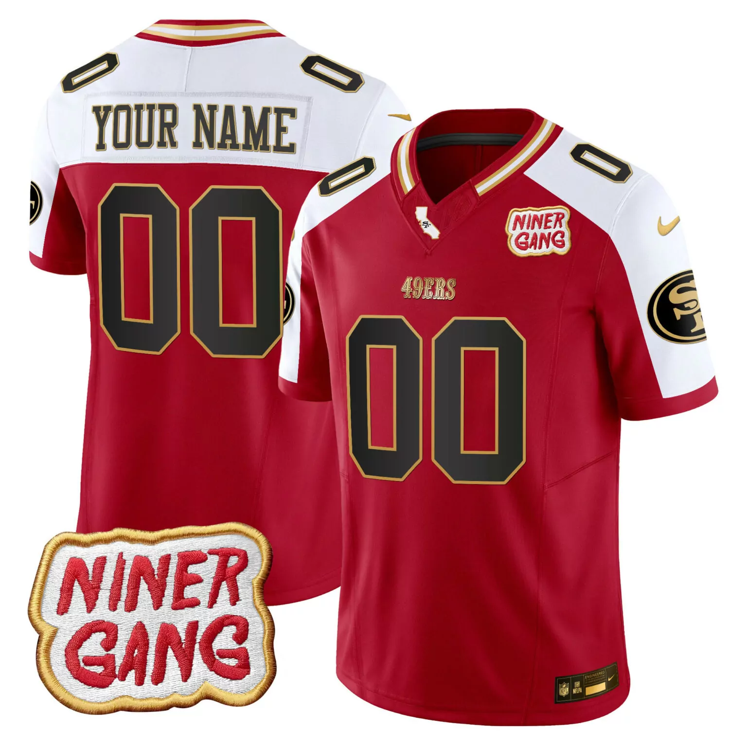 Custom 49ers Jersey Red Niner Gang Men Standard White Gold Alternate Vapor v2 All