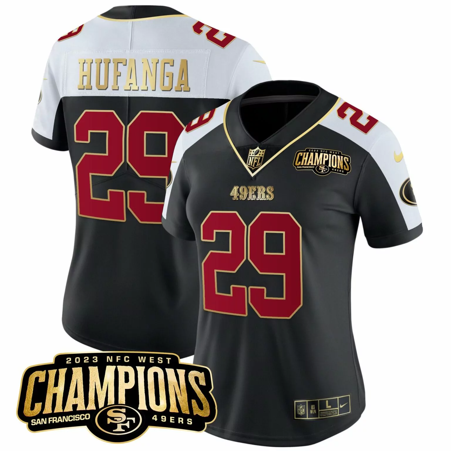 Talanoa Hufanga 29 49ERS Jersey Black 2023 NFC West Champions Men White Red Gold