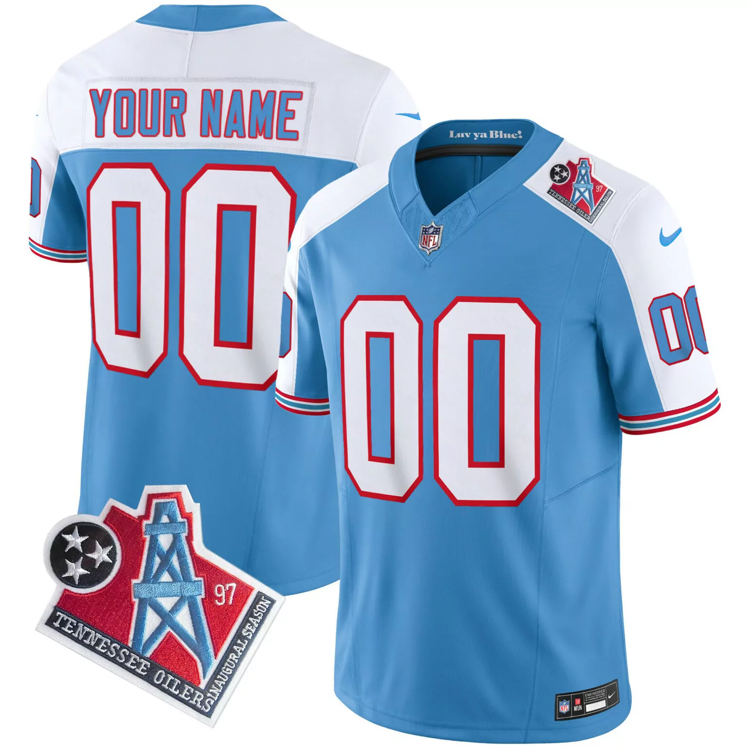 Custom Tennessee Oilers Jersey Light Blue Throwback Inaugural Season Titans Men Alternate