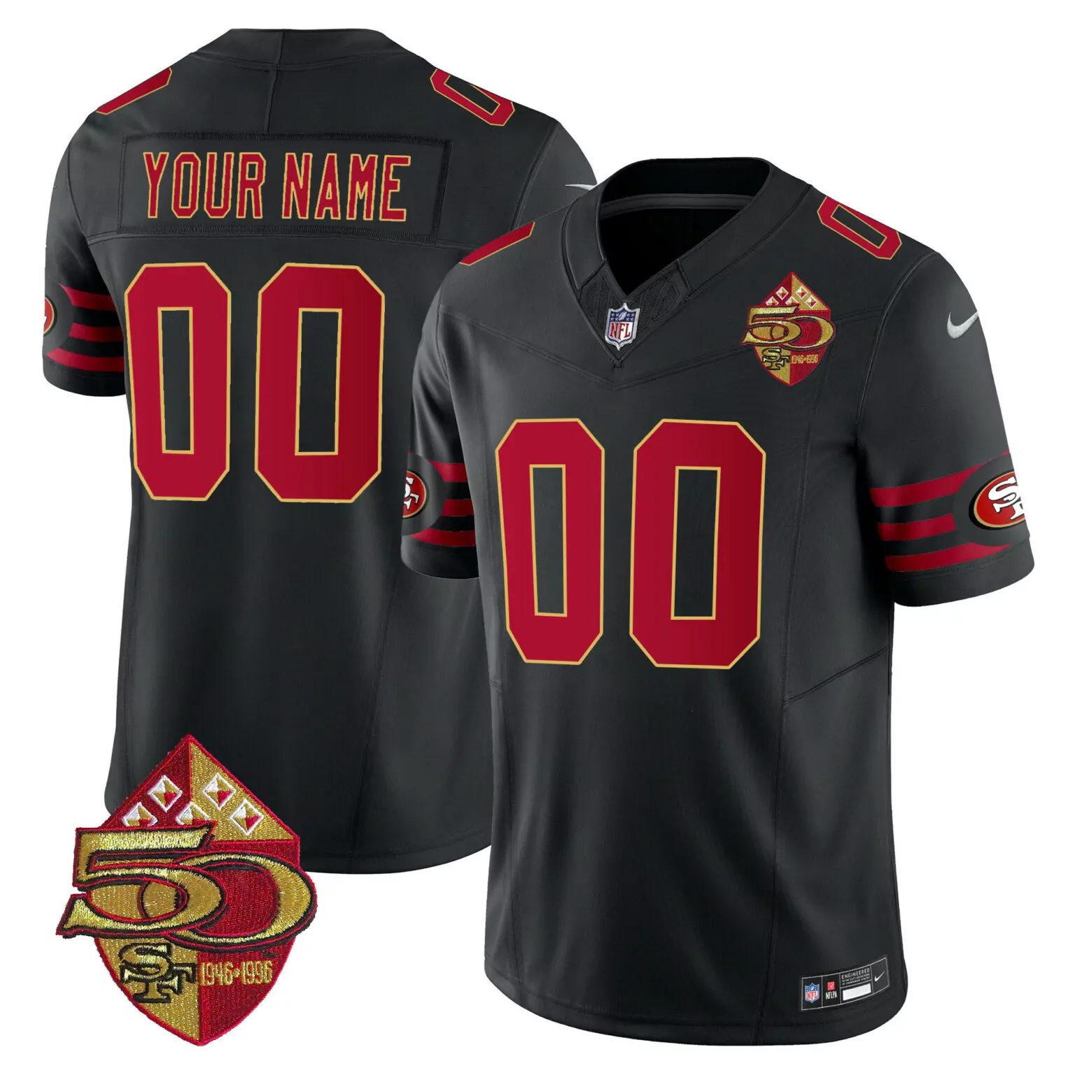 Custom San Francisco 49ers Jersey Black 50th Anniversary 1946-1996 Men Red Gold Throwback