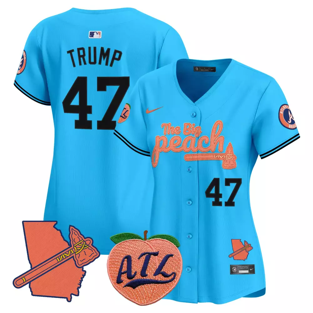Donald Trump 47 Atlanta Braves Jersey Blue City Connect Big Peach Georgia State Outline Tomahawk 2024