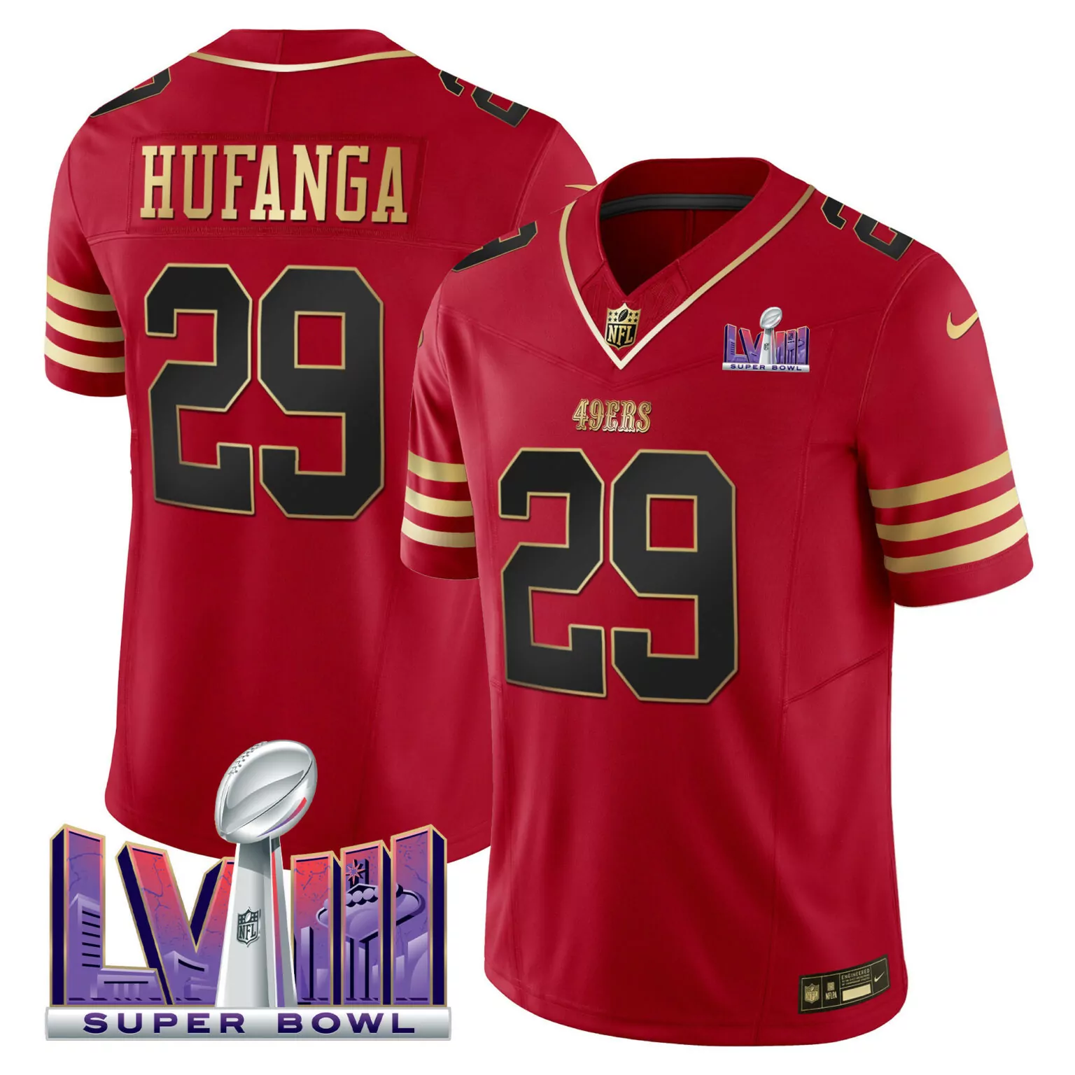 Hufnaga 29 49ERS Jersey Red Super Bowl Lviii Men NFL Gold Black All Stitched