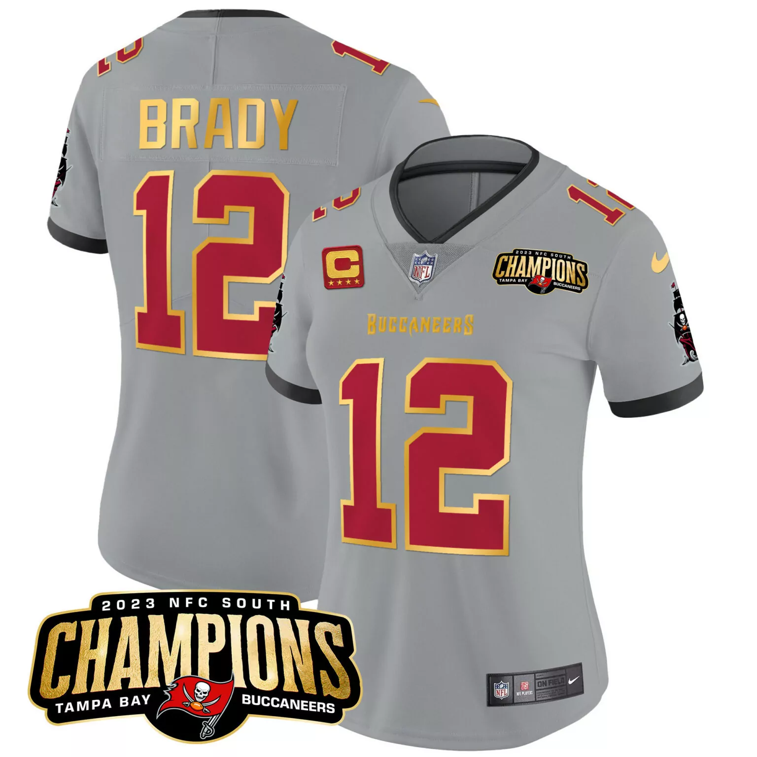 Tom Brady 12 Buccaneers Jersey Gray 2023 NFC South Champions Player Women Red Gold