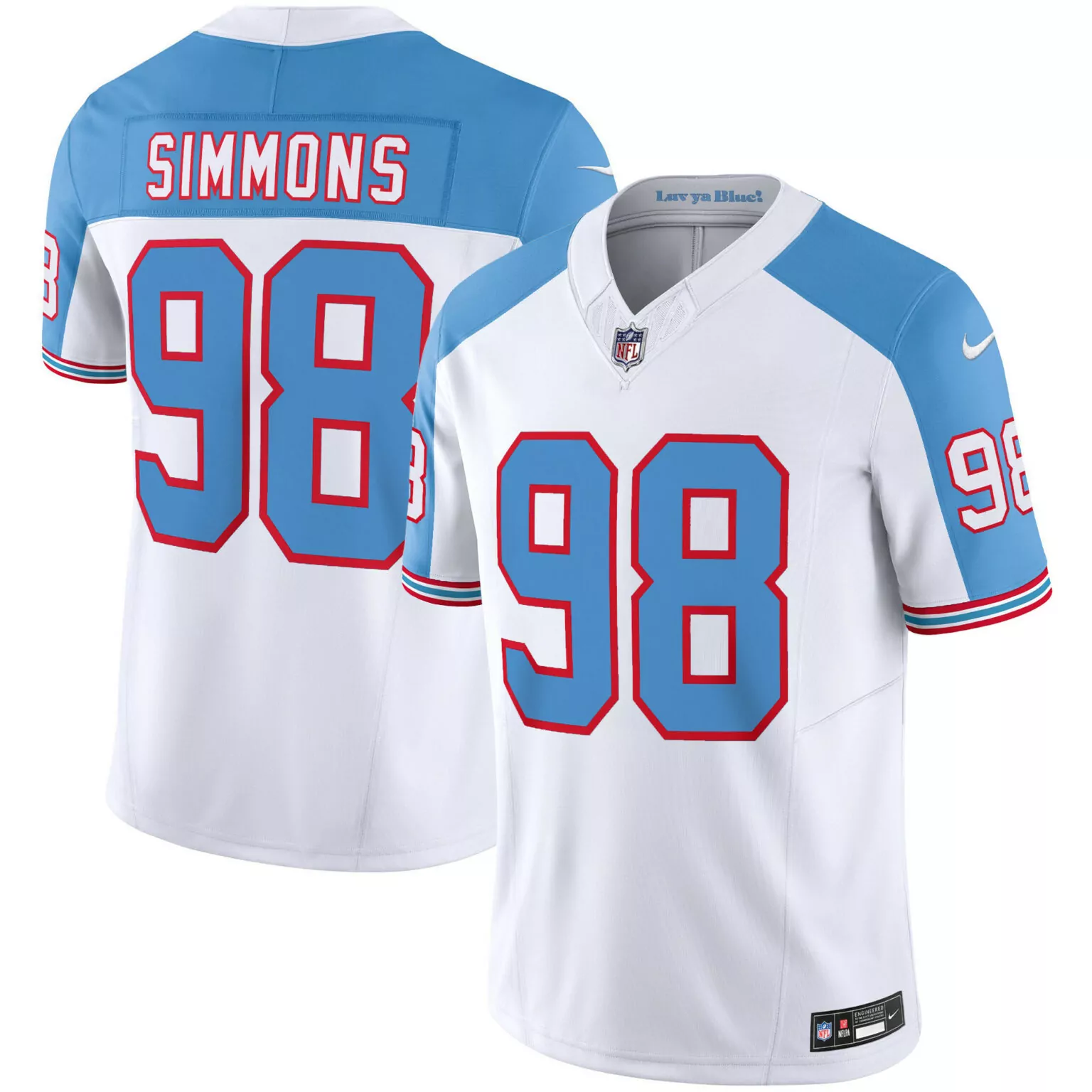 Jeffery Simmons 98 Jersey White Tennessee Titans Men Alternate Light Blue Red Throwback
