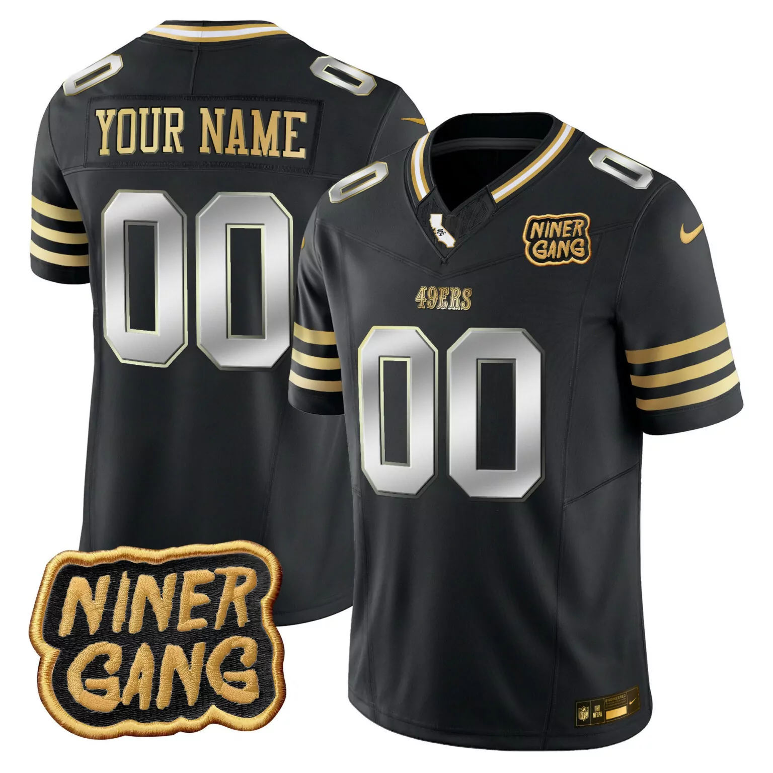 Custom San Francisco 49ers Jersey Black Niner Gang Men Gold White Vapor v2 All Stitched