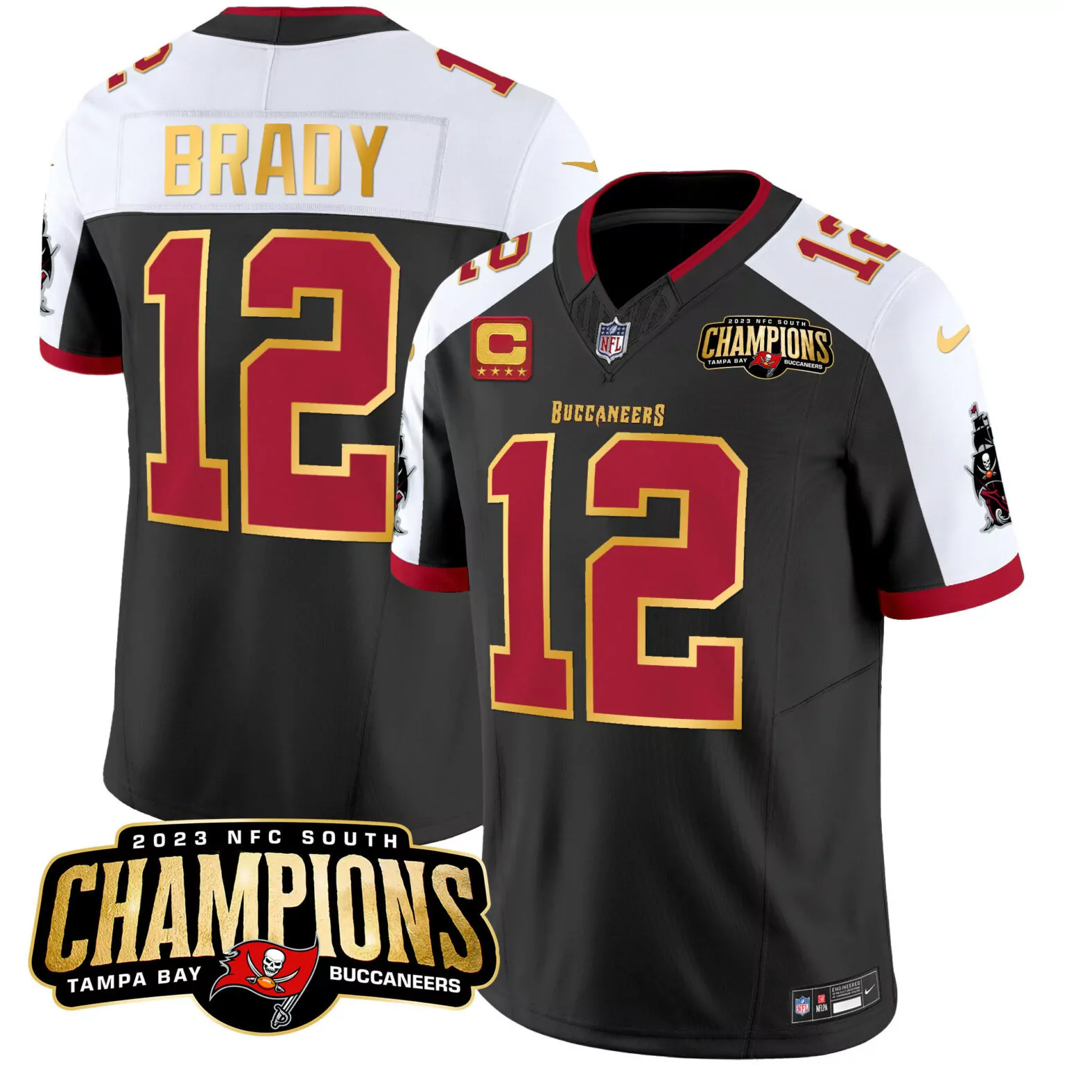 Tom Brady 12 Buccaneers Jersey Black 2023 NFC South Champions Men Official Red White