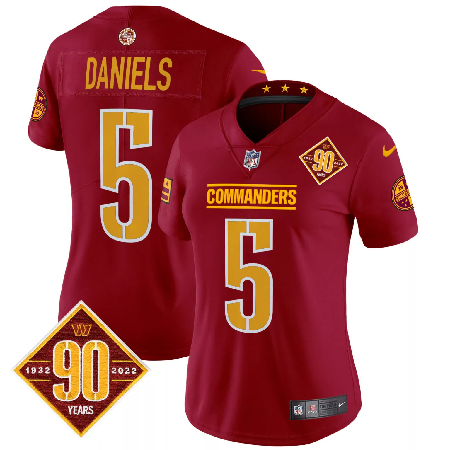 Jayden Daniels 5 Commanders Jersey Maroon 90th Anniversary 2022 Women Player Gold
