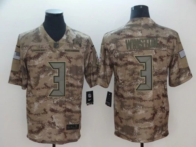Jameis Winston 3 Buccaneers Jersey Tan Salute To Service American Flag Men Camouflage
