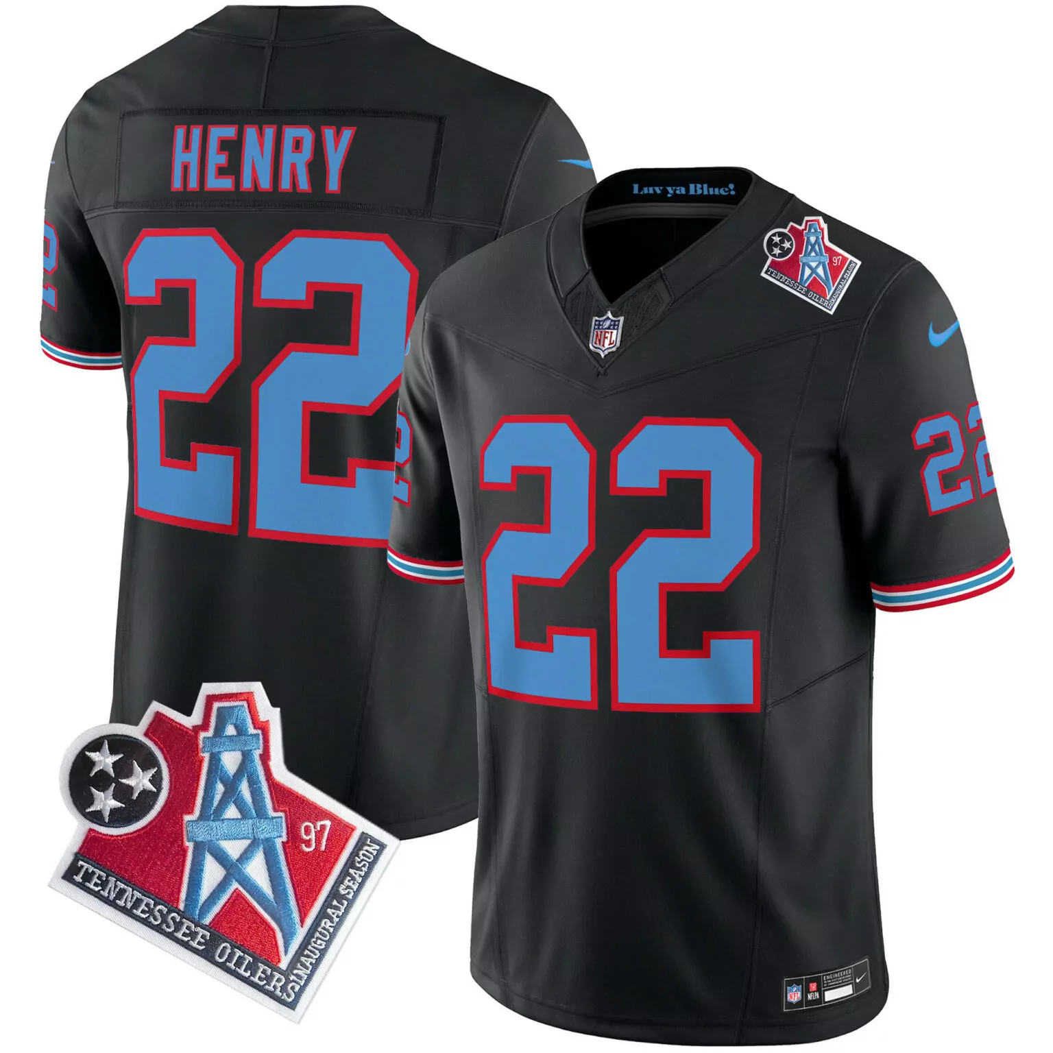 Derrick Henry 22 Tennessee Titans Jersey Black Houston Oilers Throwback Inaugural Season Stars