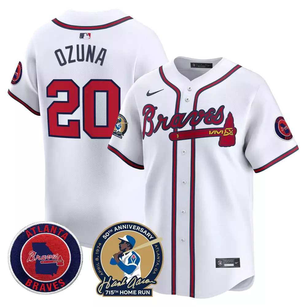 Marcell Ozuna 20 Atlanta Braves Jersey White Hank Aaron 715th Home Run 50th Anniversary