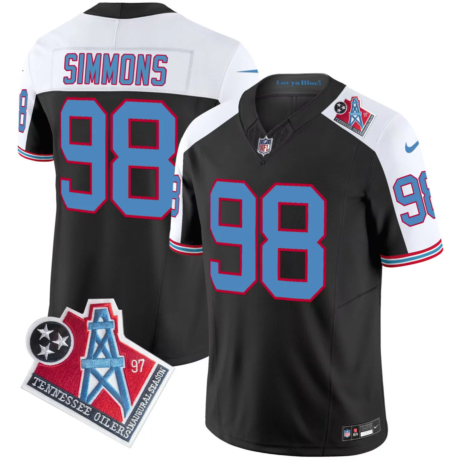 Jeffery Simmons 98 Jersey Black Inaugural Season Tennessee Titans Oilers State Flag