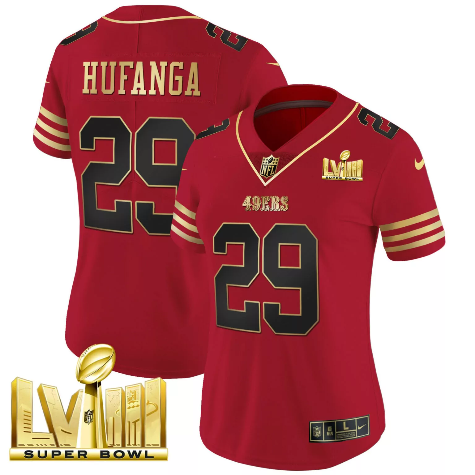 Hufnaga 29 49ERS Jersey Red Super Bowl Lviii Men Player Gold Black All Stitched