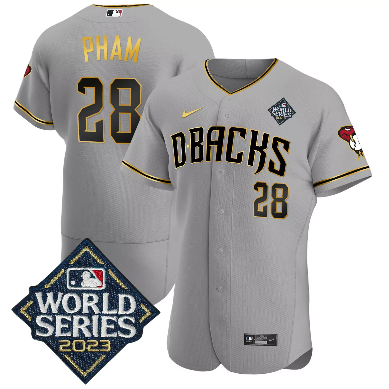 Tommy Pham 28 Jersey Gray World Series Arizona Diamondbacks 2023 Men Black Gold v2