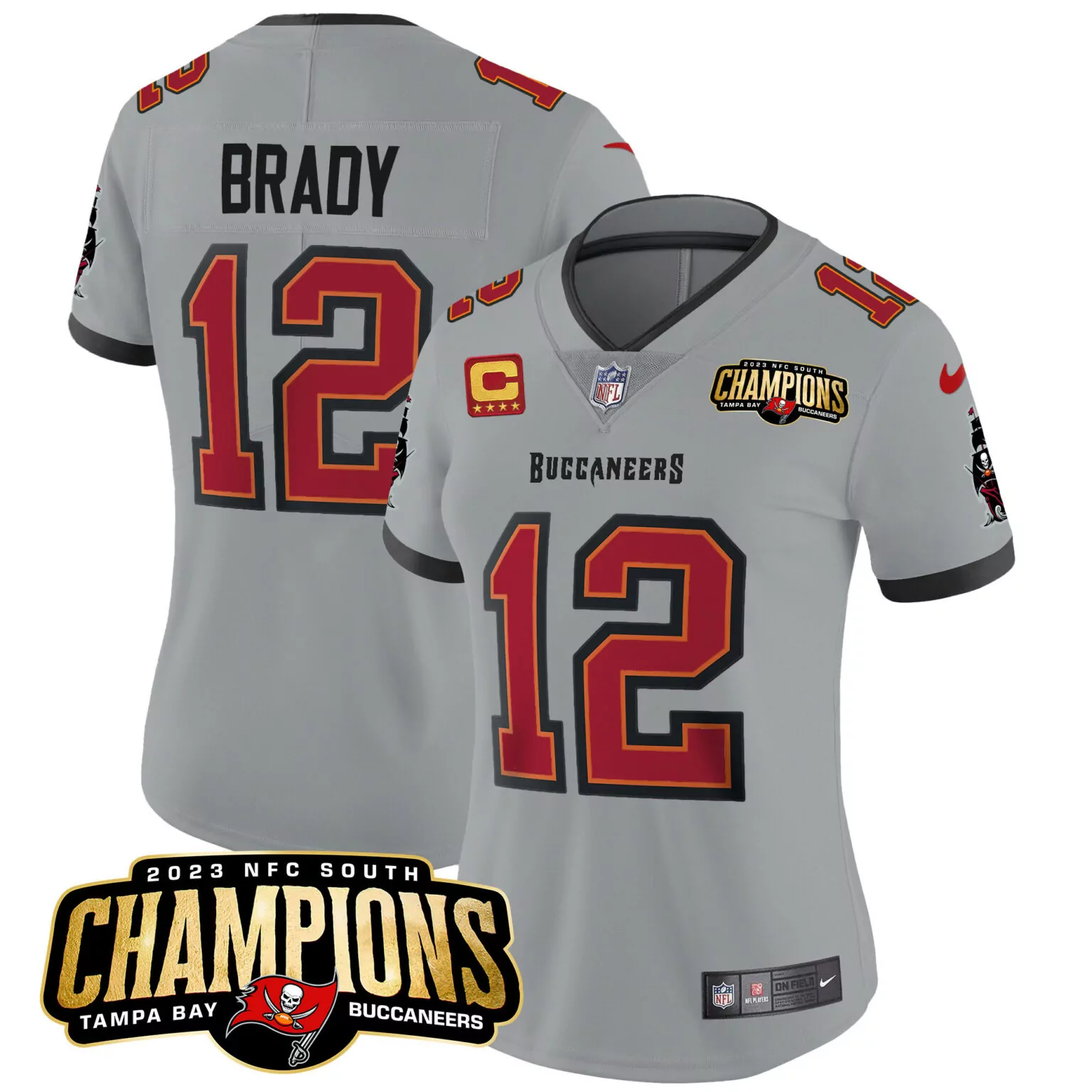 Tom Brady 12 Buccaneers Jersey Gray 2023 NFC South Champions Men Game Red Black All