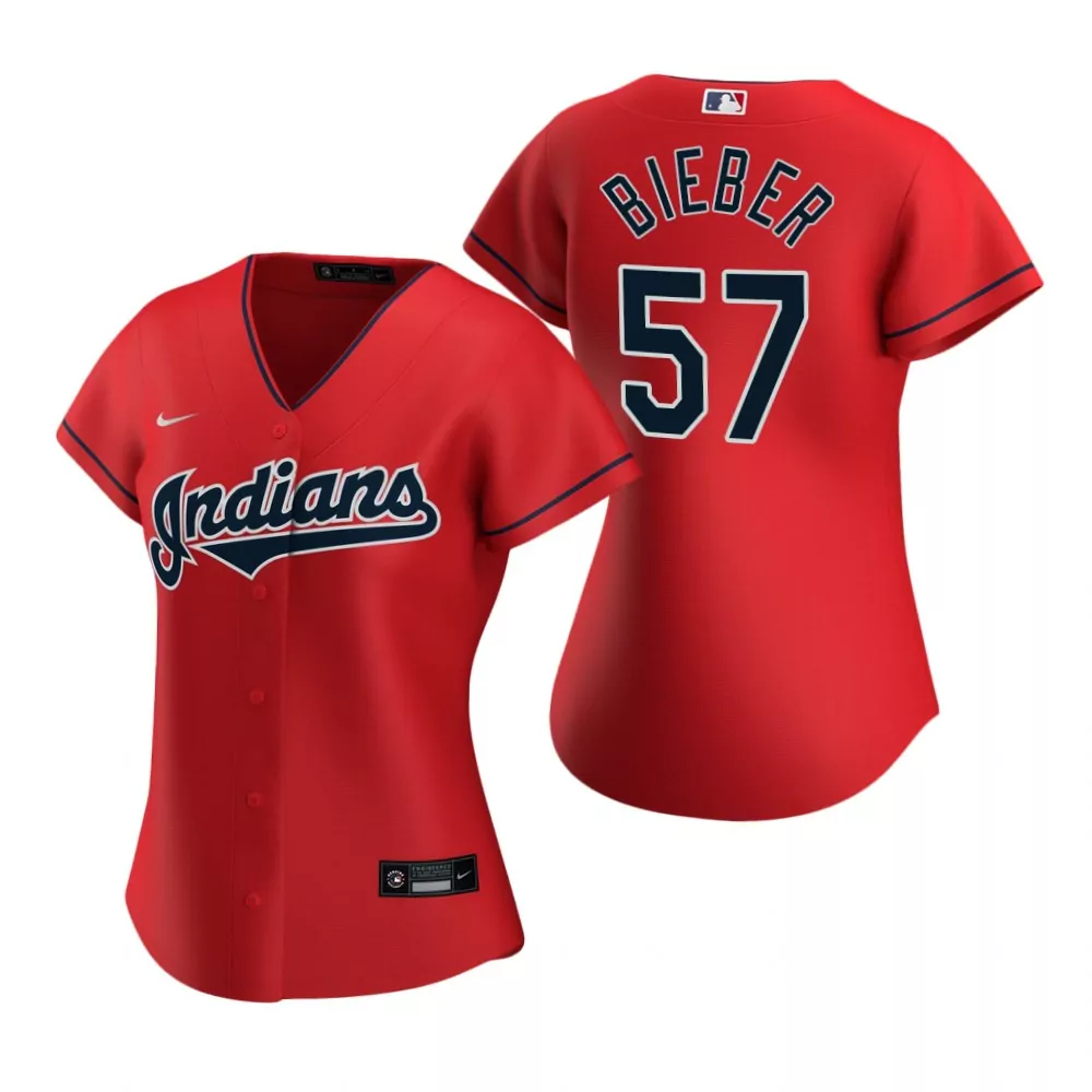 Shane Bieber 57 Cleveland Indians Jersey Red Women Navy Blue
