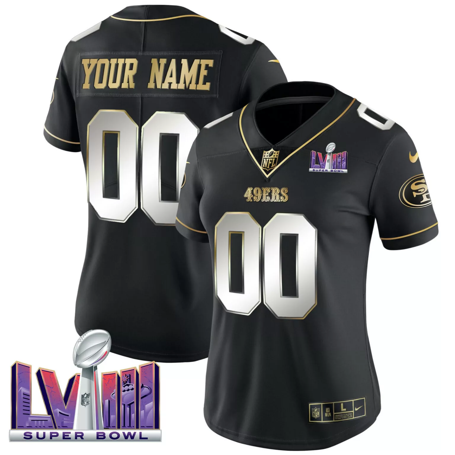 Custom San Francisco 49ers Jersey Black Super Bowl Lviii Men Gold White Vapor All