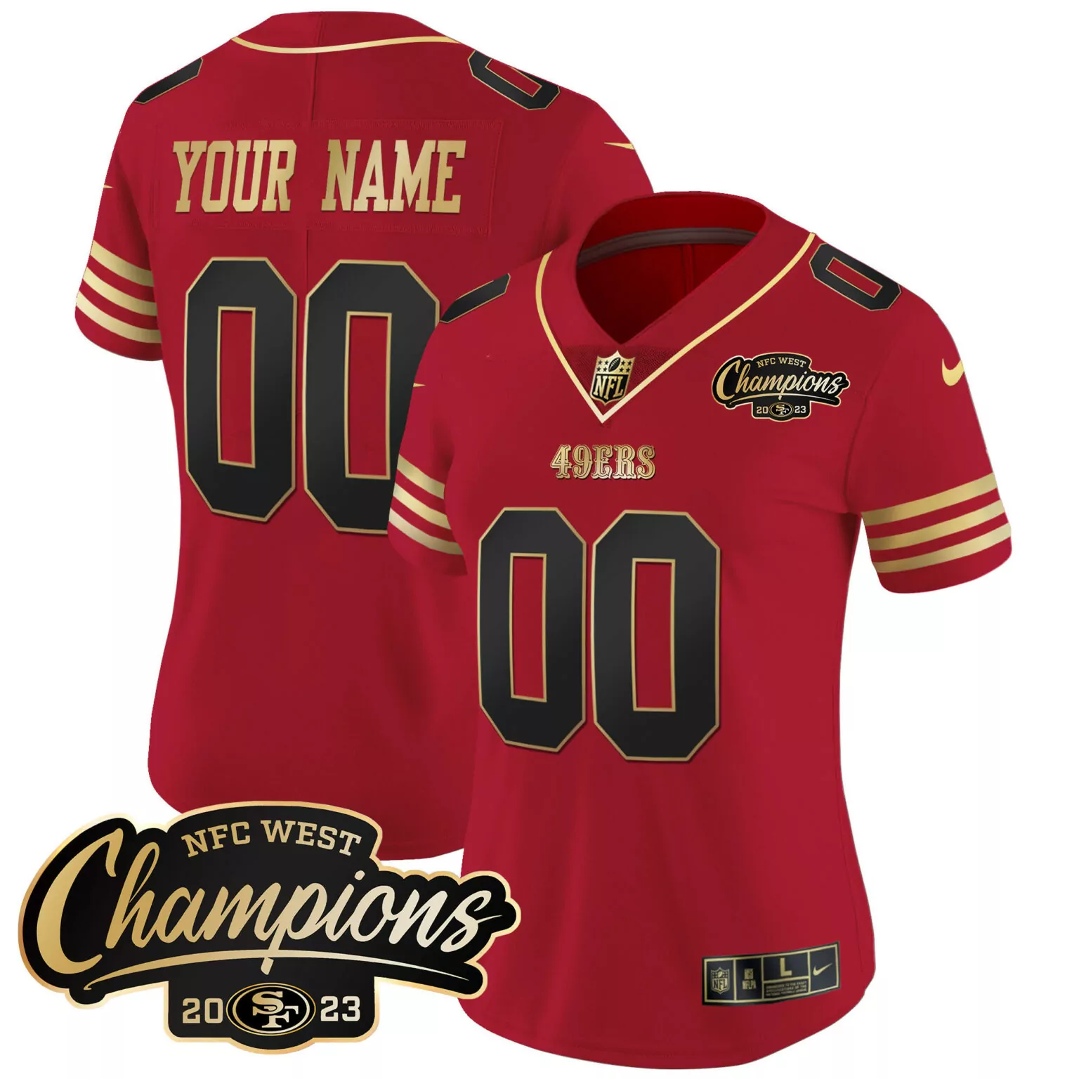 Custom 49ERS Jersey Red NFC West Champions 2023 Men Gold Black Vapor All Stitched