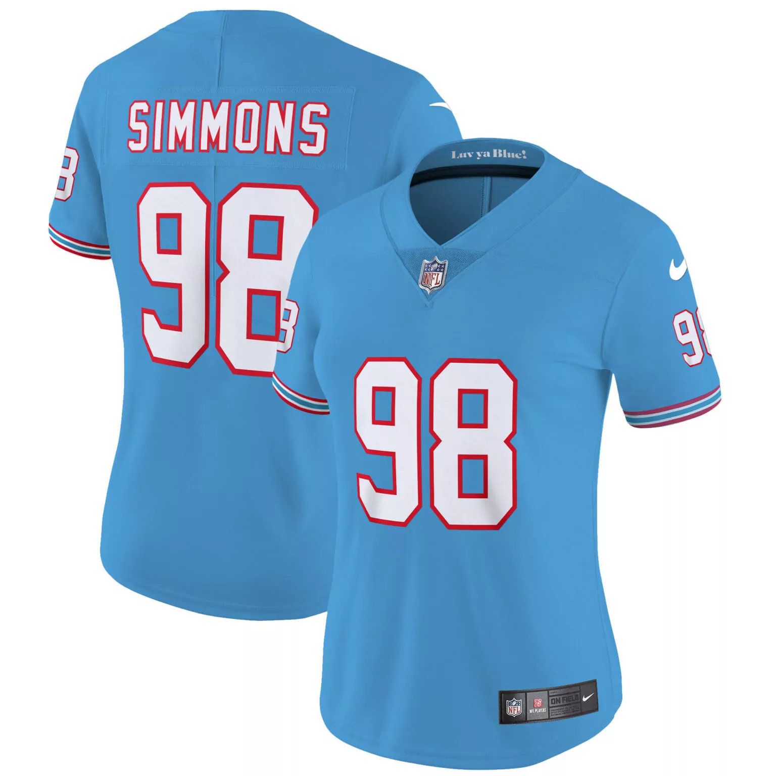 Jeffery Simmons 98 Houston Oilers Jersey Light Blue Women Replica Alternate Red White