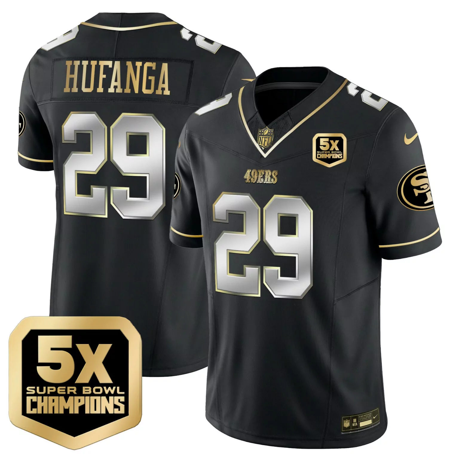 Talanoa Hufanga 29 49ERS Jersey Black 5x Super Bowl Champions Men Gold All Stitched